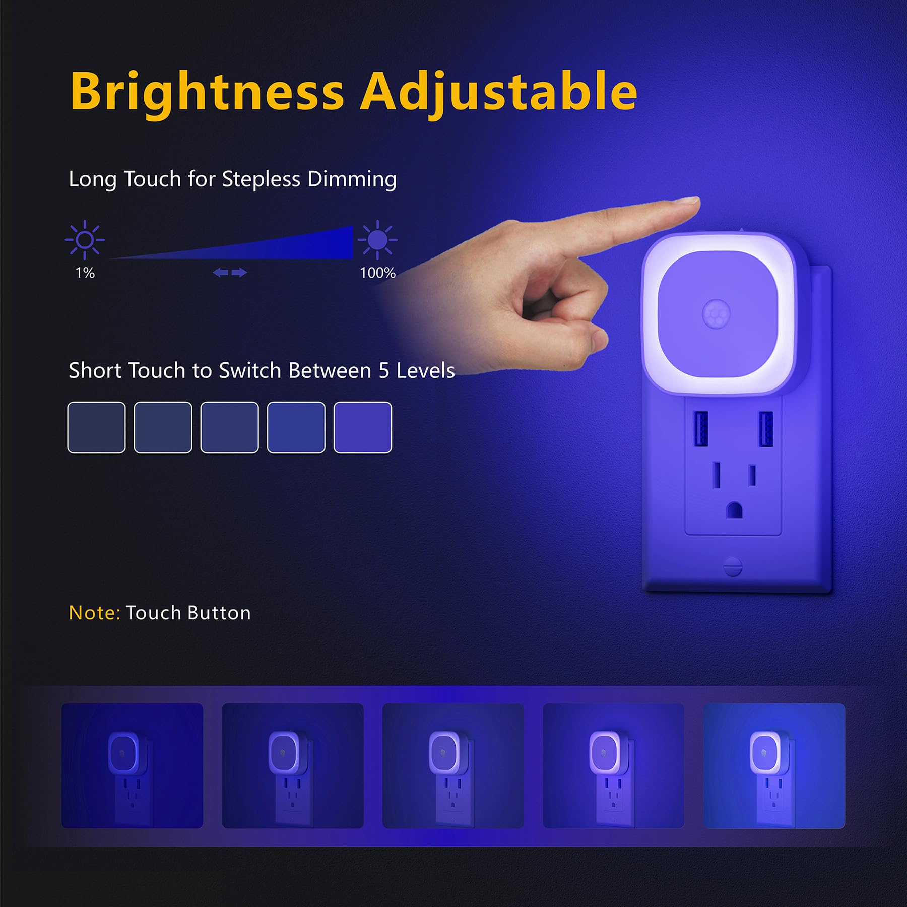 Yunlex 2 Pack Plug In Night Light With Motion Sensor & Dusk To Dawn Sensor, 3 Sensor Modes, Blue Night Lights Plug Into Wall, Di