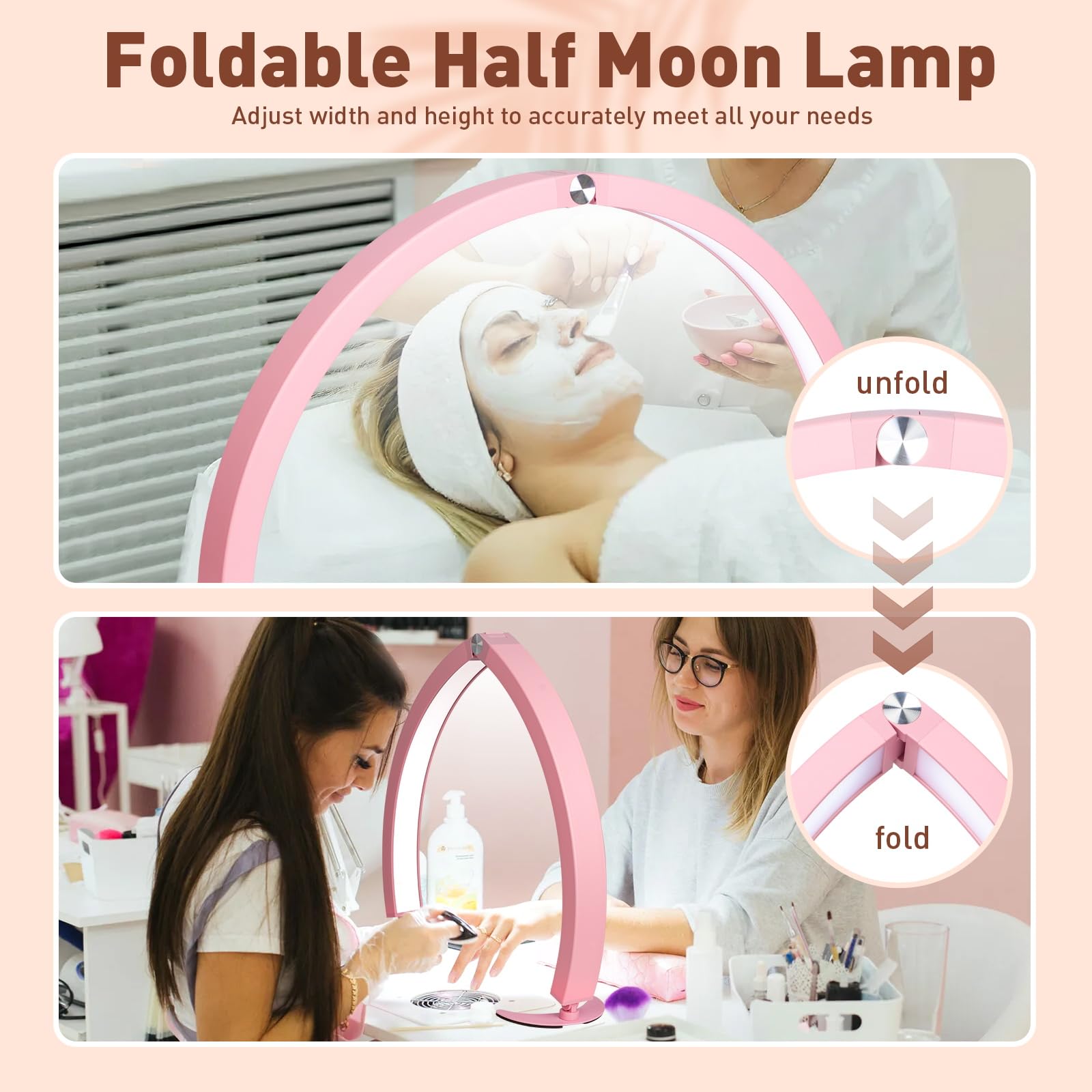 HITTI Half Moon Nail Desk Light with Phone Holder, Foldable, 7 Color Modes, 10 Brightness, Metal, Pink, Model MJBYL-Pink