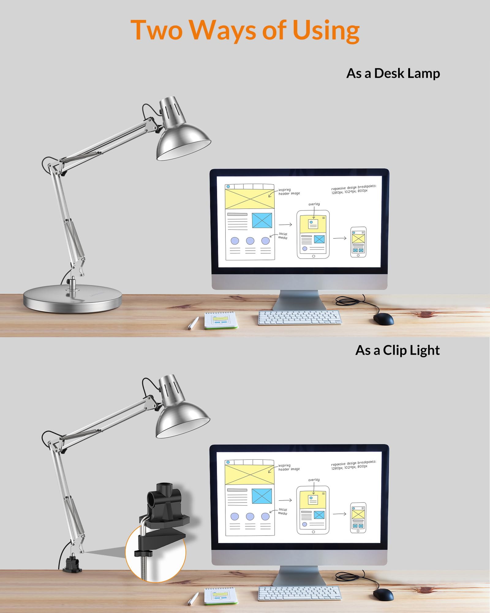 Lepower Metal Desk Lamp, Adjustable Goose Neck, Swing Arm, Silver, Model Ut2020, Eye-Caring Reading Lamp For Bedroom & Office