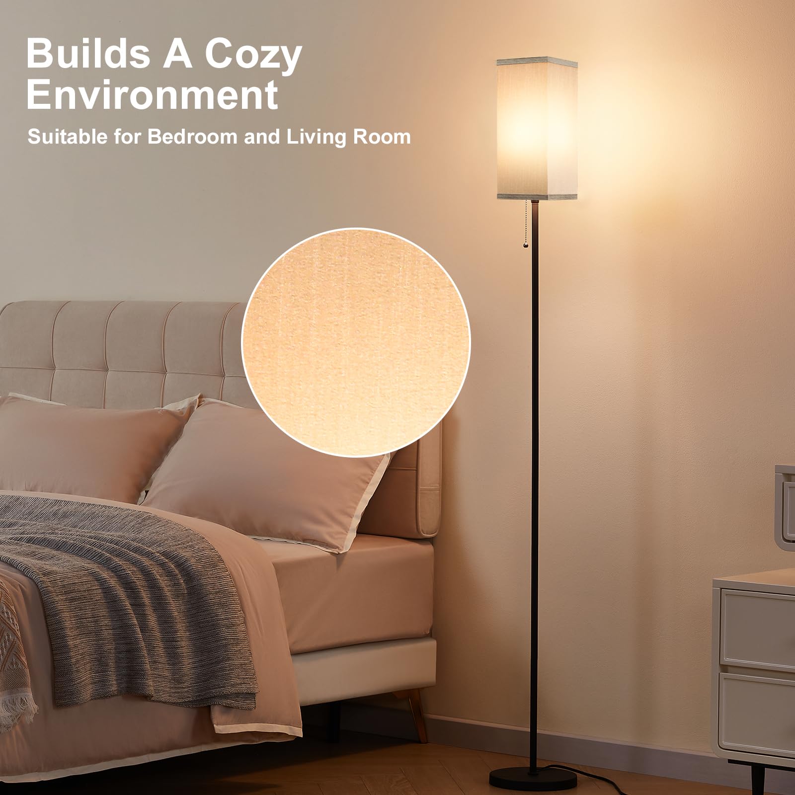 Ziisee Grey Floor Lamp For Bedroom Modern - 3 Color Temperature Black Standing Lamps With Pull Chain Switch, Tall Lamp For Offic