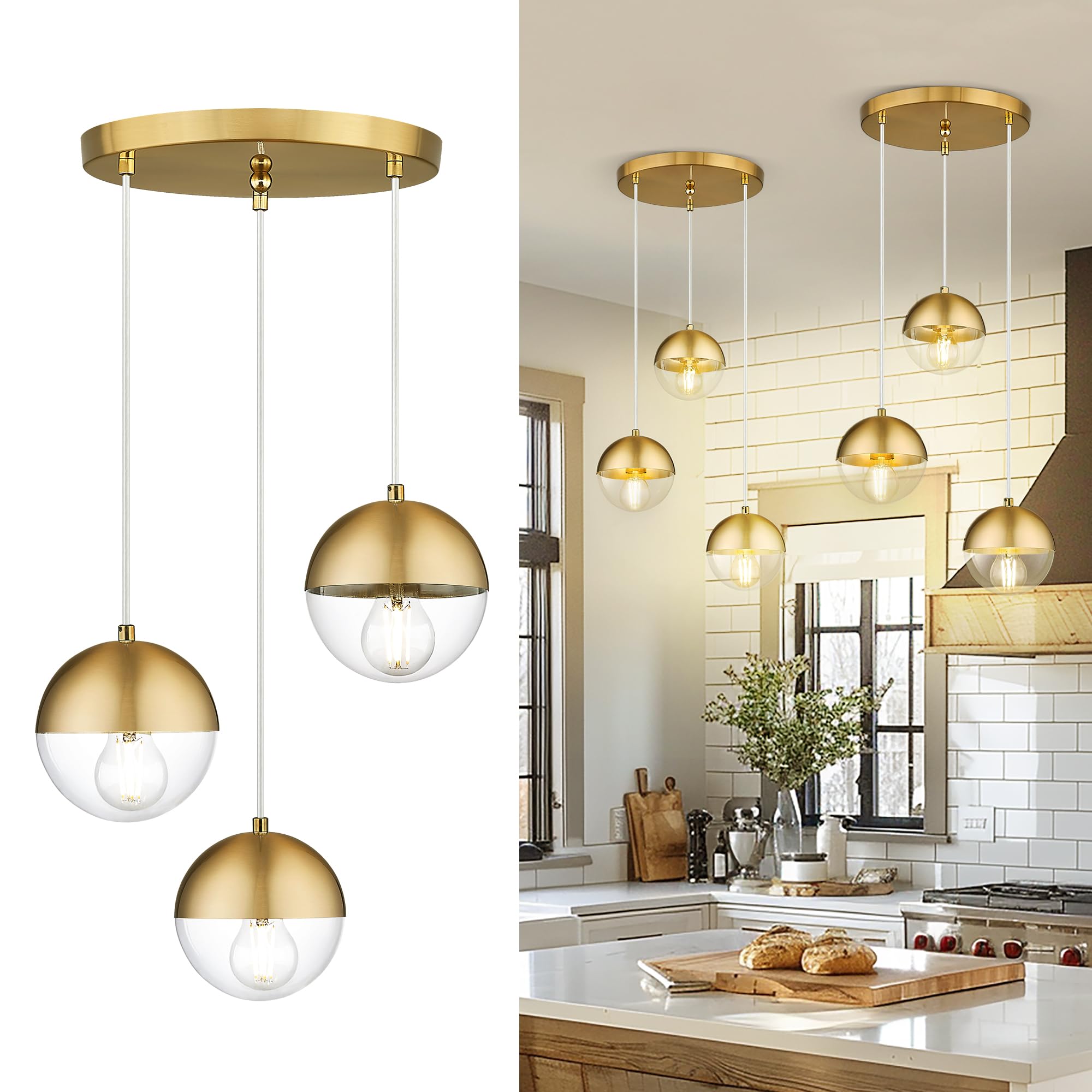 LMS Brushed Gold 3-Light Cluster Pendant Lights, Modern Kitchen Island Lighting with Clear Globe Glass Shade, Adjustable Hanging