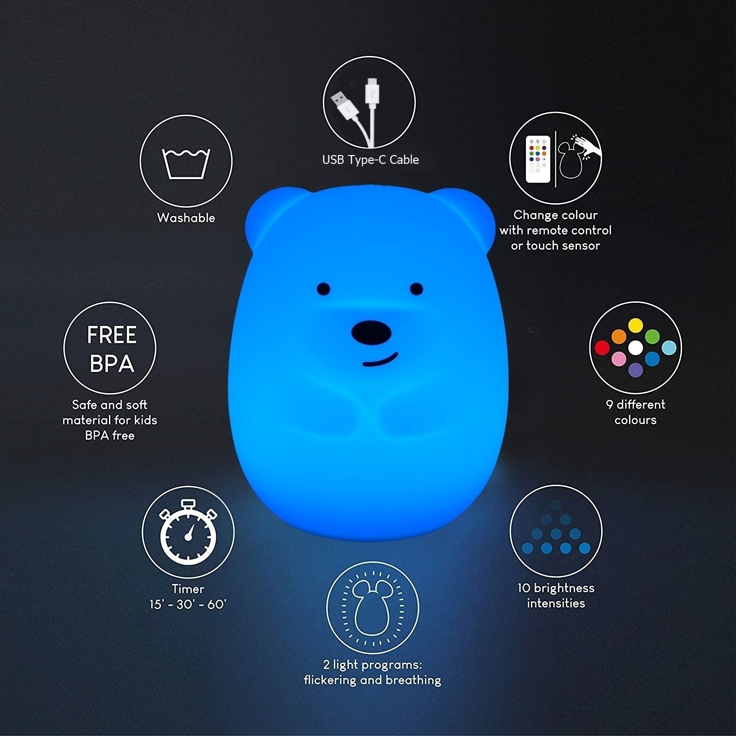 Glinrui Bear Night Lights for Kids, Bedside lamp for Children, Baby Nursery Light - Break Resistant/Eye Caring/Adjustable Bright