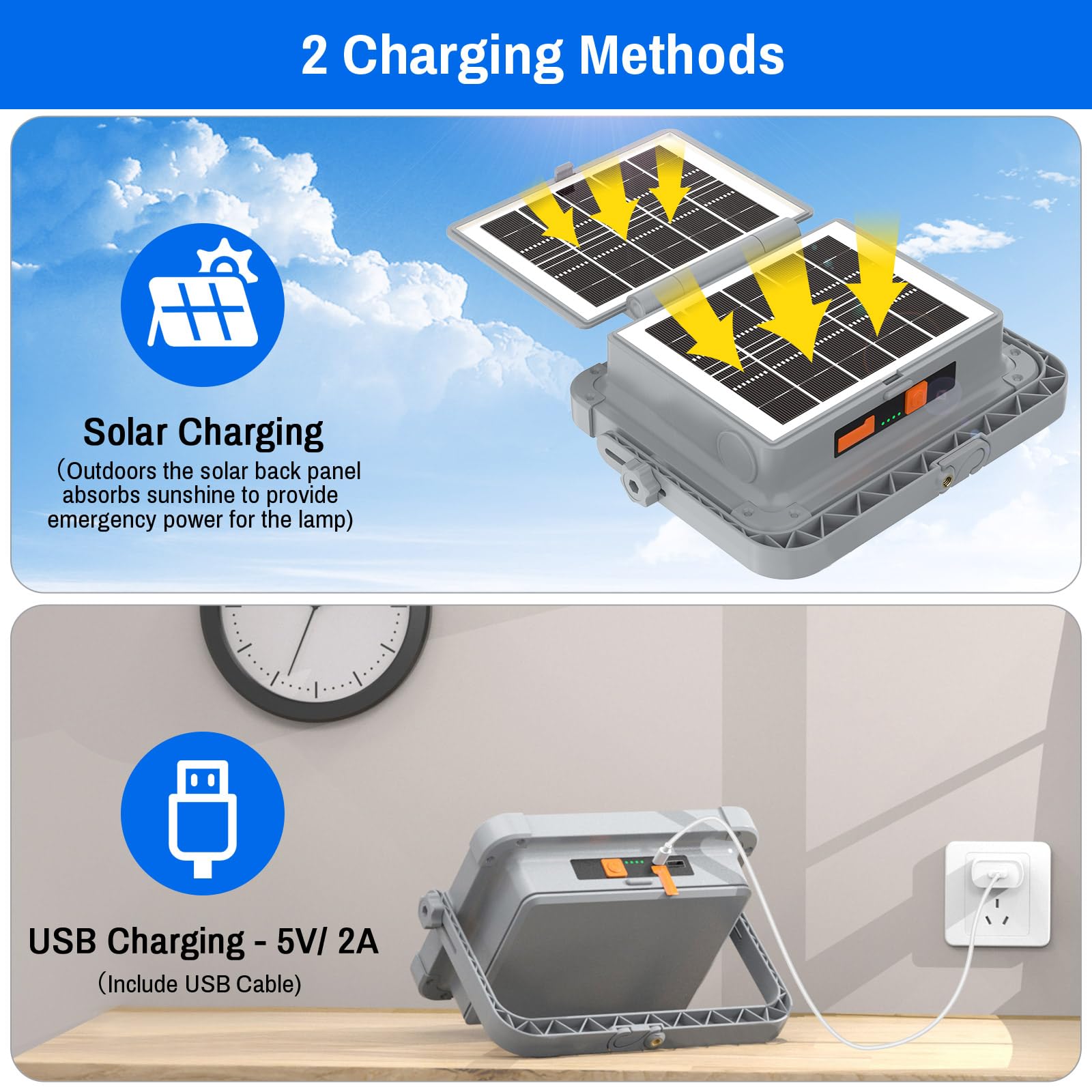 ERAY Rechargeable LED Work Light, 9000mAh Battery, Dual Solar Panels, Model SM-S8, Grey