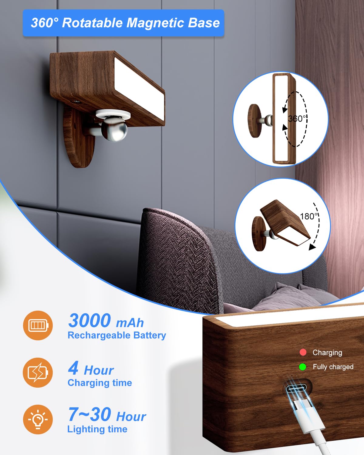 YiLaie Battery Operated Wall Sconce Set of Two, Dimmable Remote Control Lights, Wood, Black Walnut, Model EL-US-001