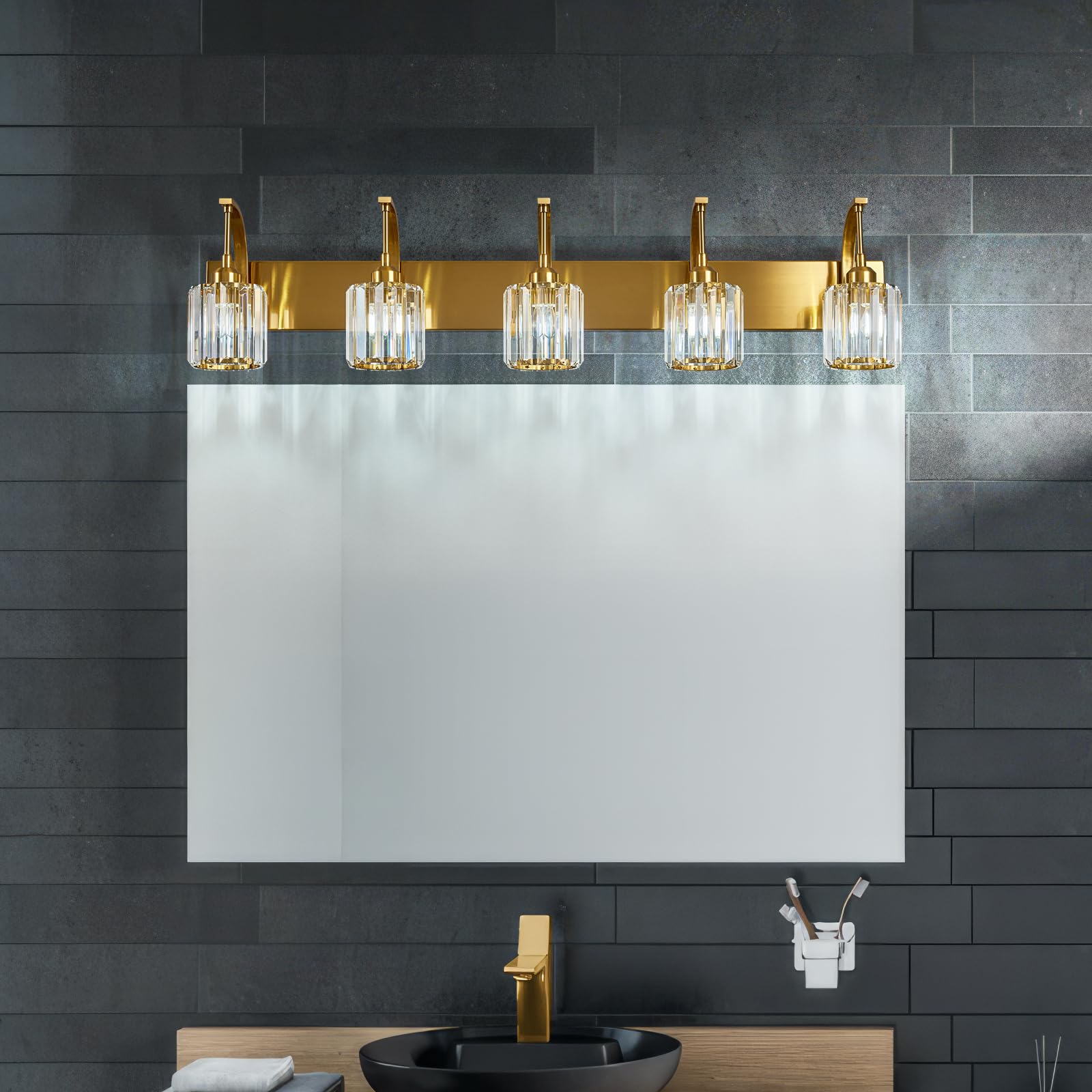 Fdpby 5-Light Crystal Vanity Light  Modern Gold Bathroom Wall Sconce With K9 Crystal Shades  42.51 Long Over Mirror Lighting For Vanity  Makeup  Hallway  Elegant & Easy Installation
