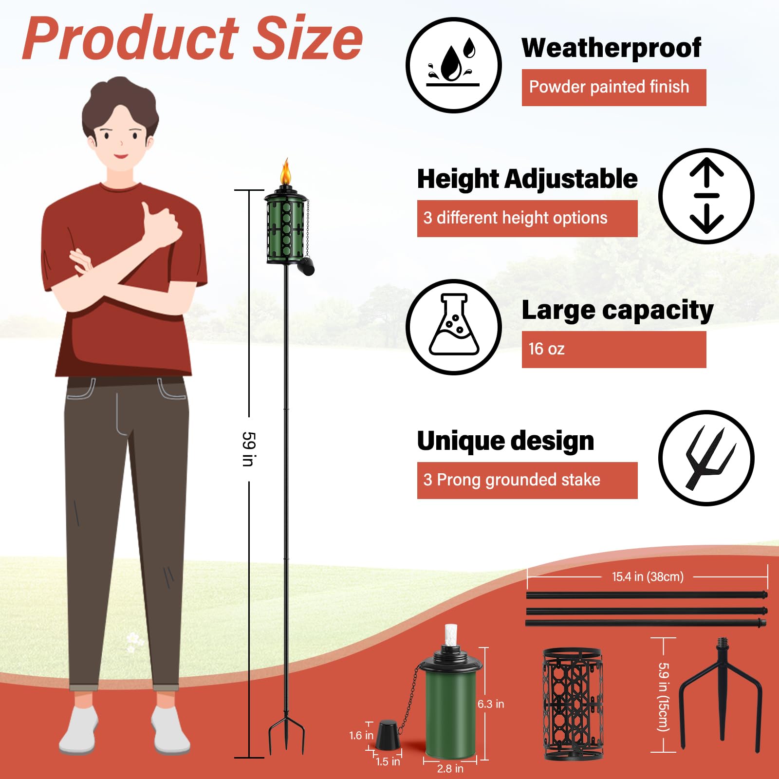 Fan-Torches 16Oz Metal Garden Torch Set - 6 Pack Citronella, 59-Inch, Outdoor Décor