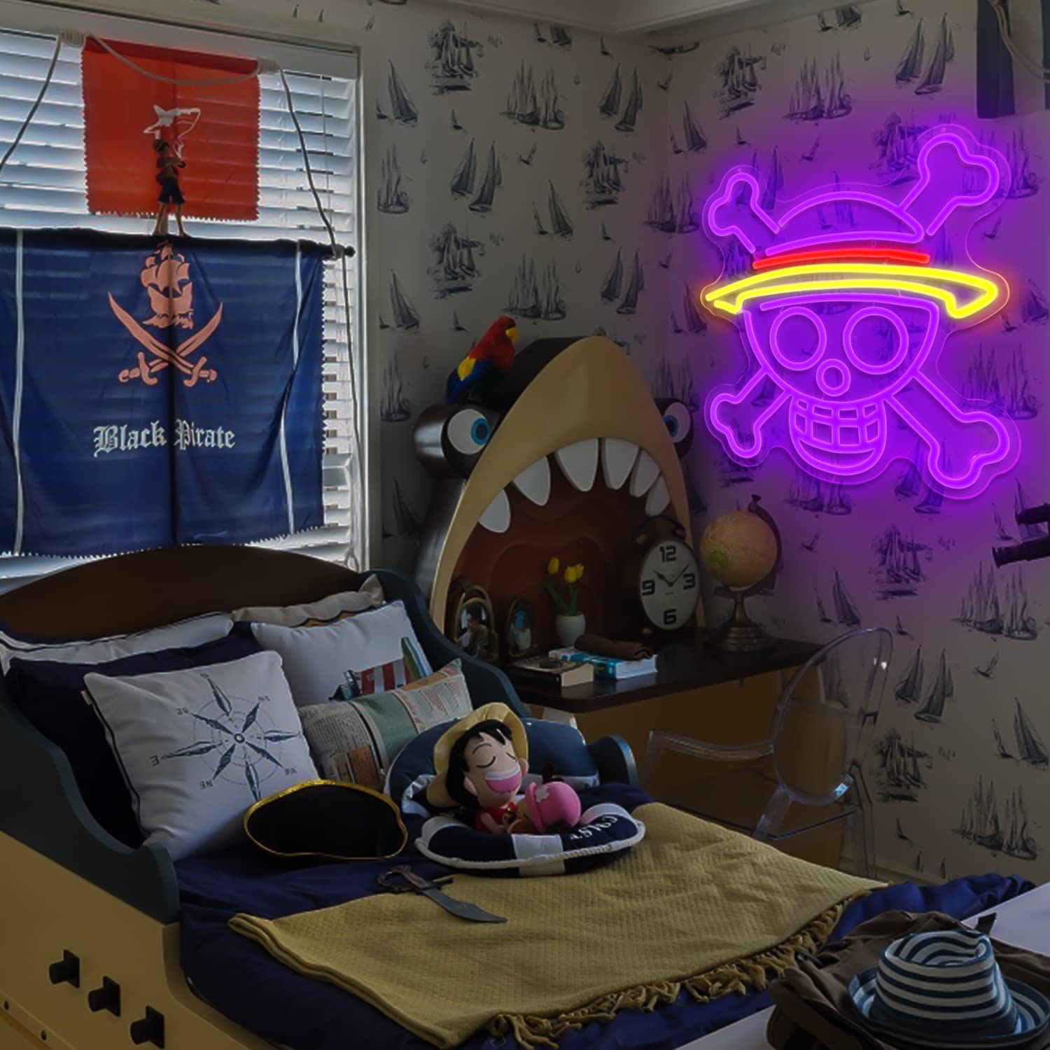 One Piece Neon Sign Dimmable Anime Neon Sign Luffy Skull Head Neon Light LED Neon Signs for Kids Teen Bedroom Game Room Wall Dec