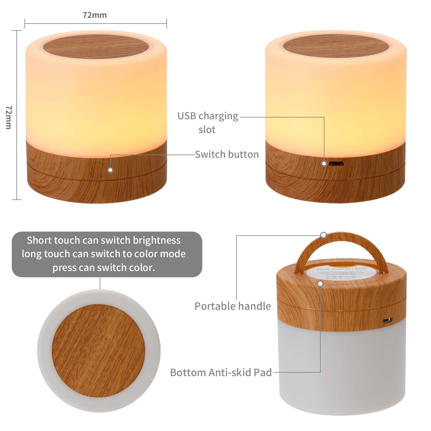 AMEXI Baby Night Light - Touch Dimmable LED Lamp, Portable USB Rechargeable, Soft Warm White, 2.83" Brown, Model MINI