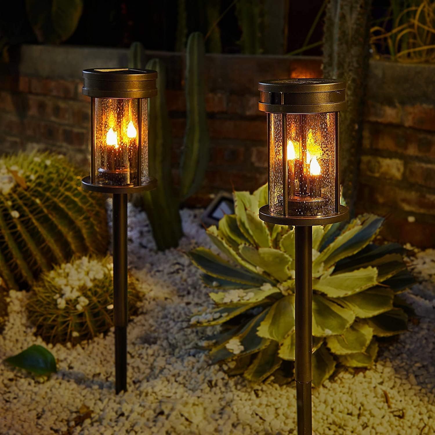 Outdoor Garden Solar Stake Lights Flickering Candle Lantern Lighting For Yard, Lawn, Patio, Pathway, Wall Decoration (2Pack, Bla