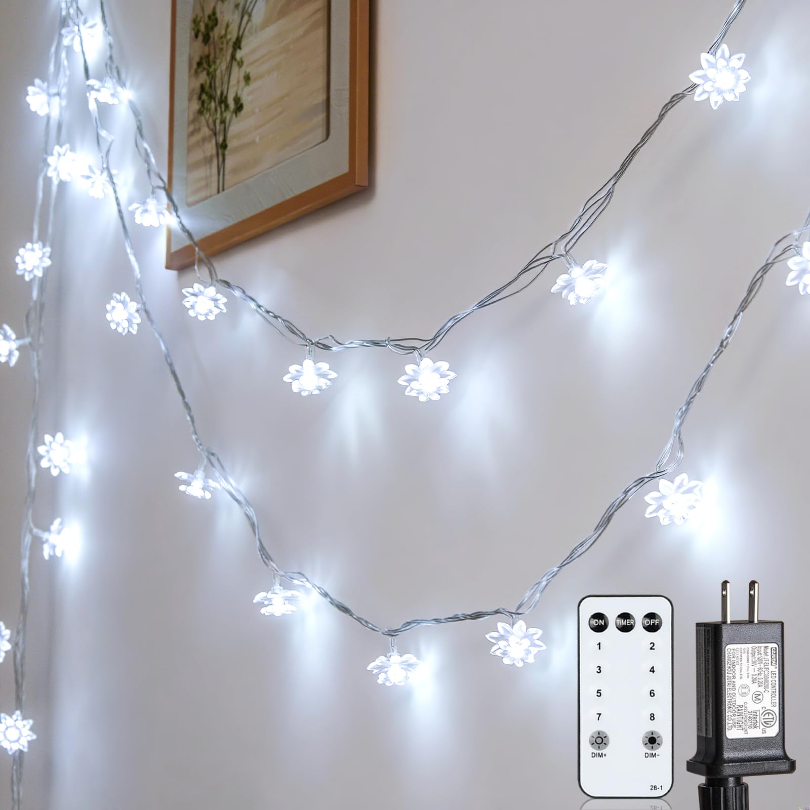JOLYMOLY Flower String Lights 100 LED Fairy Lights 59ft Cool White FX-SL003 Plug-in with Remote Timer for Indoor Outdoor Decor
