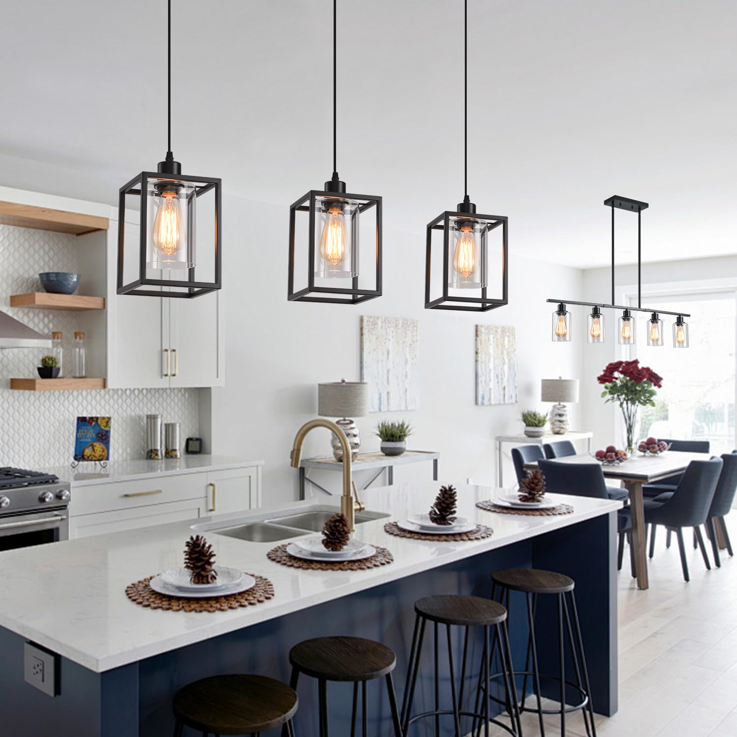 Aojunsansan Black Pendant Lights For Kitchen Island Industrial Lantern Pendant Light Fixtures With Clear Glass Shade, Farmhouse