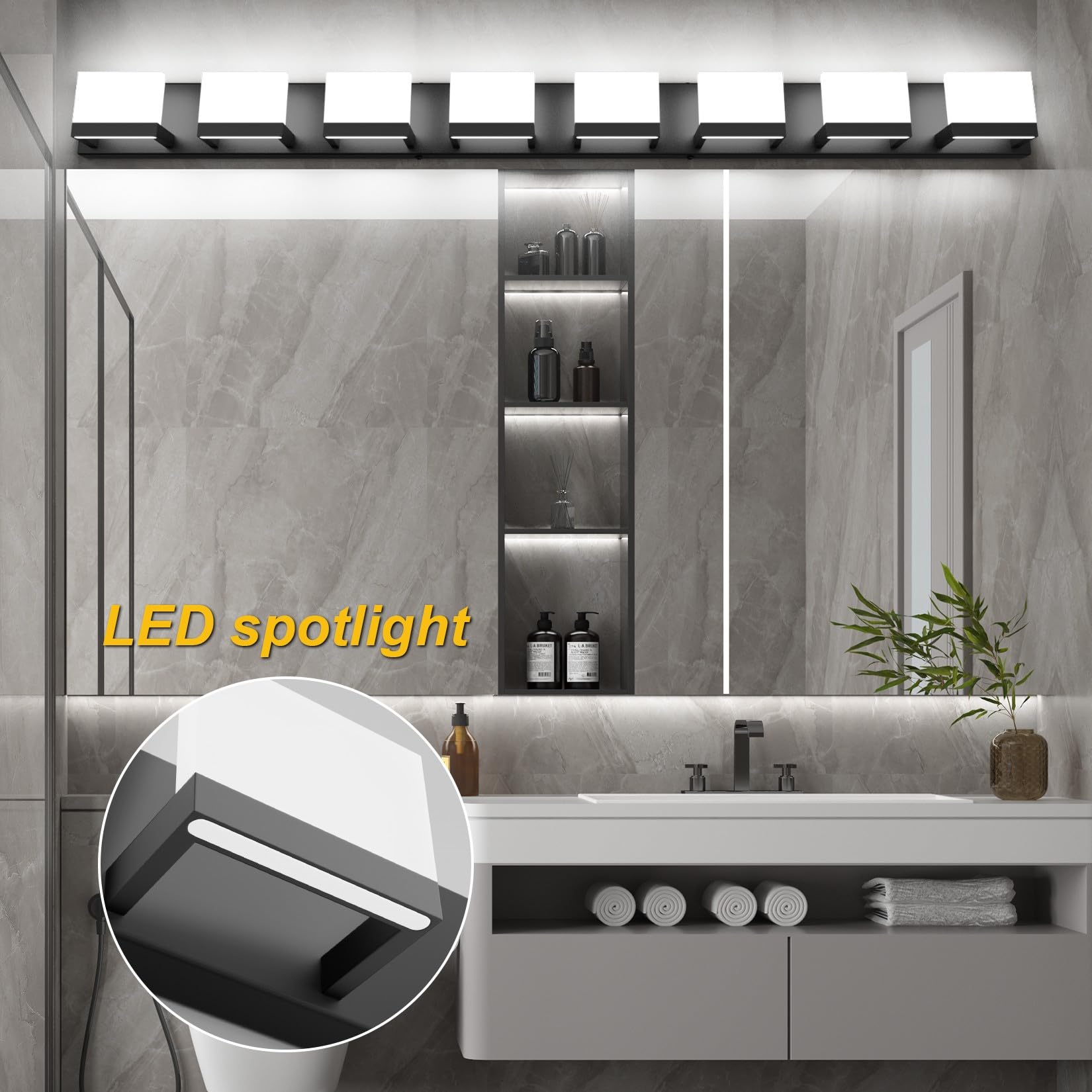 Tipace 8 Lights Modern LED Vanity Light, Matte Black, GW-1103, Up and Down Bathroom Light Fixtures, 6000K White Light