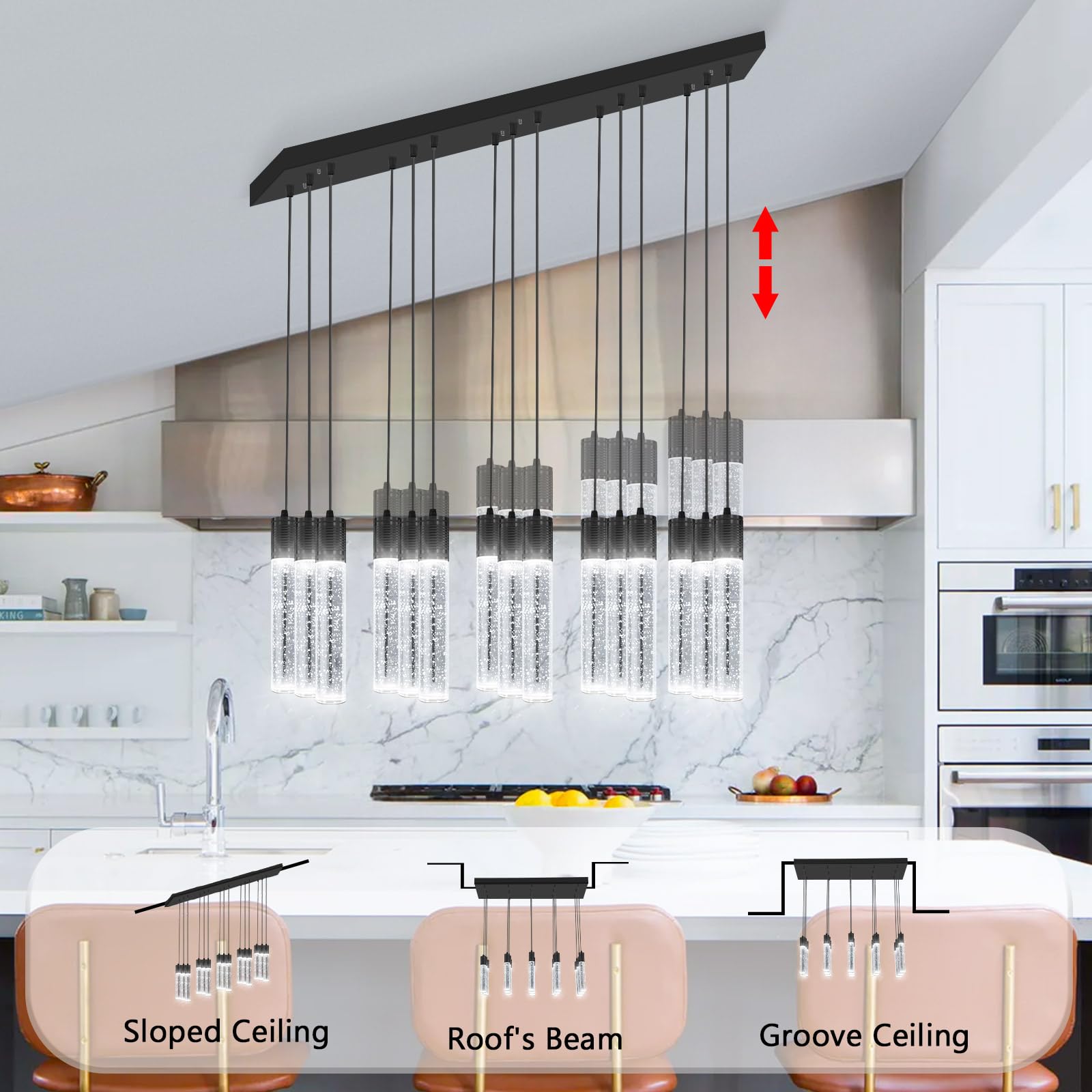 Dolria 15-Lights Modern Led Pendant Lighting Fixture For Kitchen Island Crystal Chandelier Light Fixtures For Dining Room