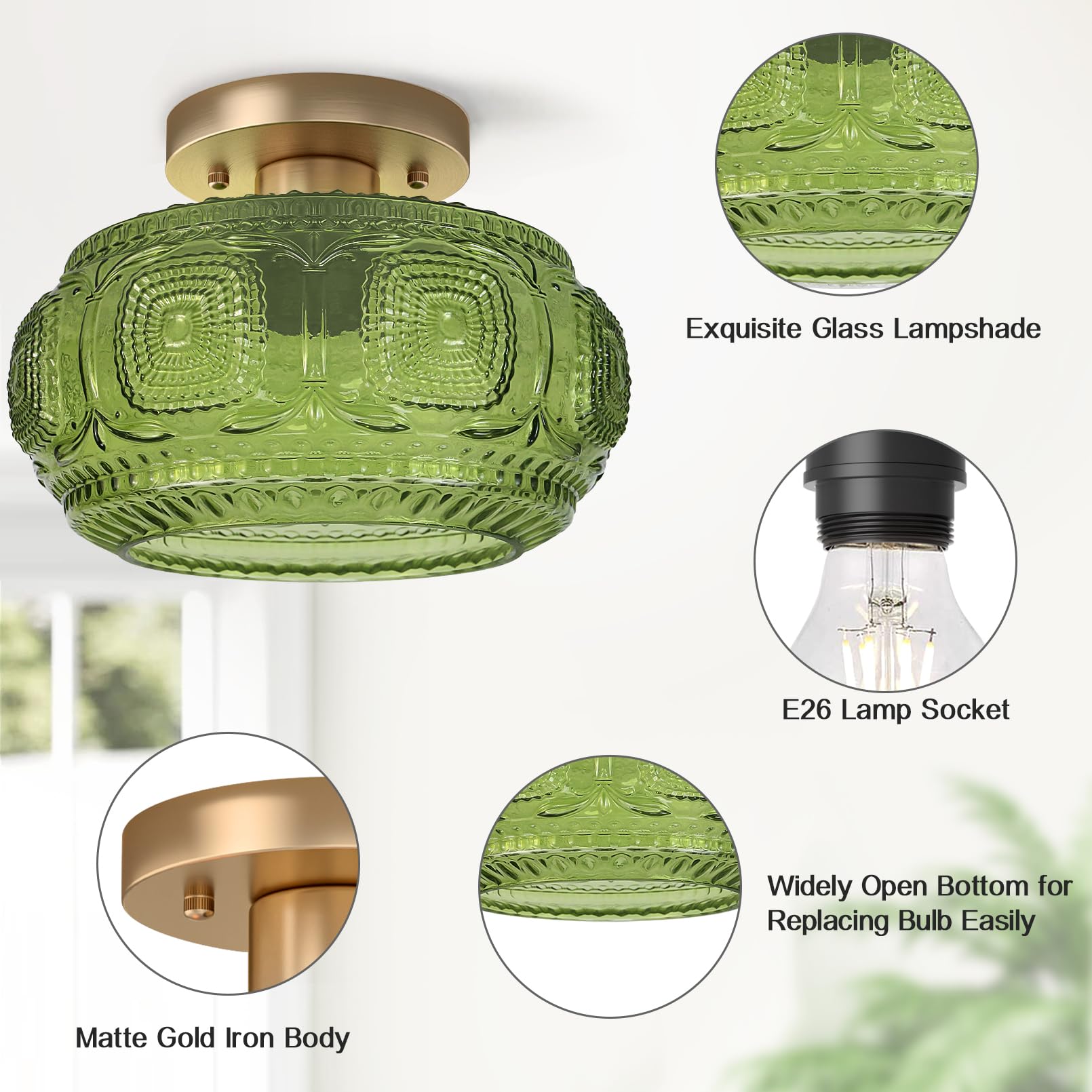 OYKYOHEI Semi Flush Mount Ceiling Light, Green Glass Fixture, 9.38" Art Deco Design for Hallway, Bedroom, Bulb Not Included