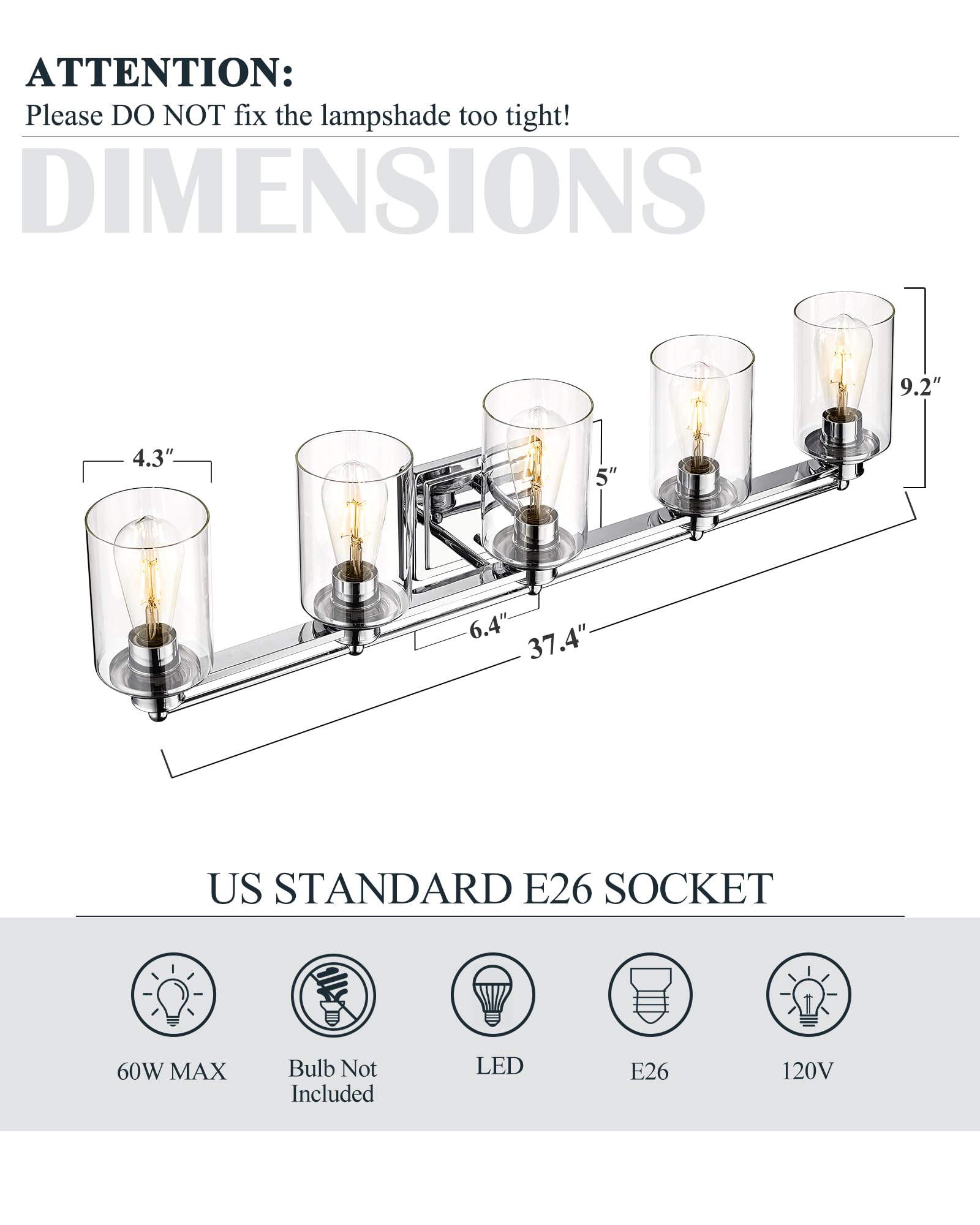 Hwh Chrome 5-Light Bathroom Vanity Light Fixture - Modern Sconce Over Mirror, 37-Inch