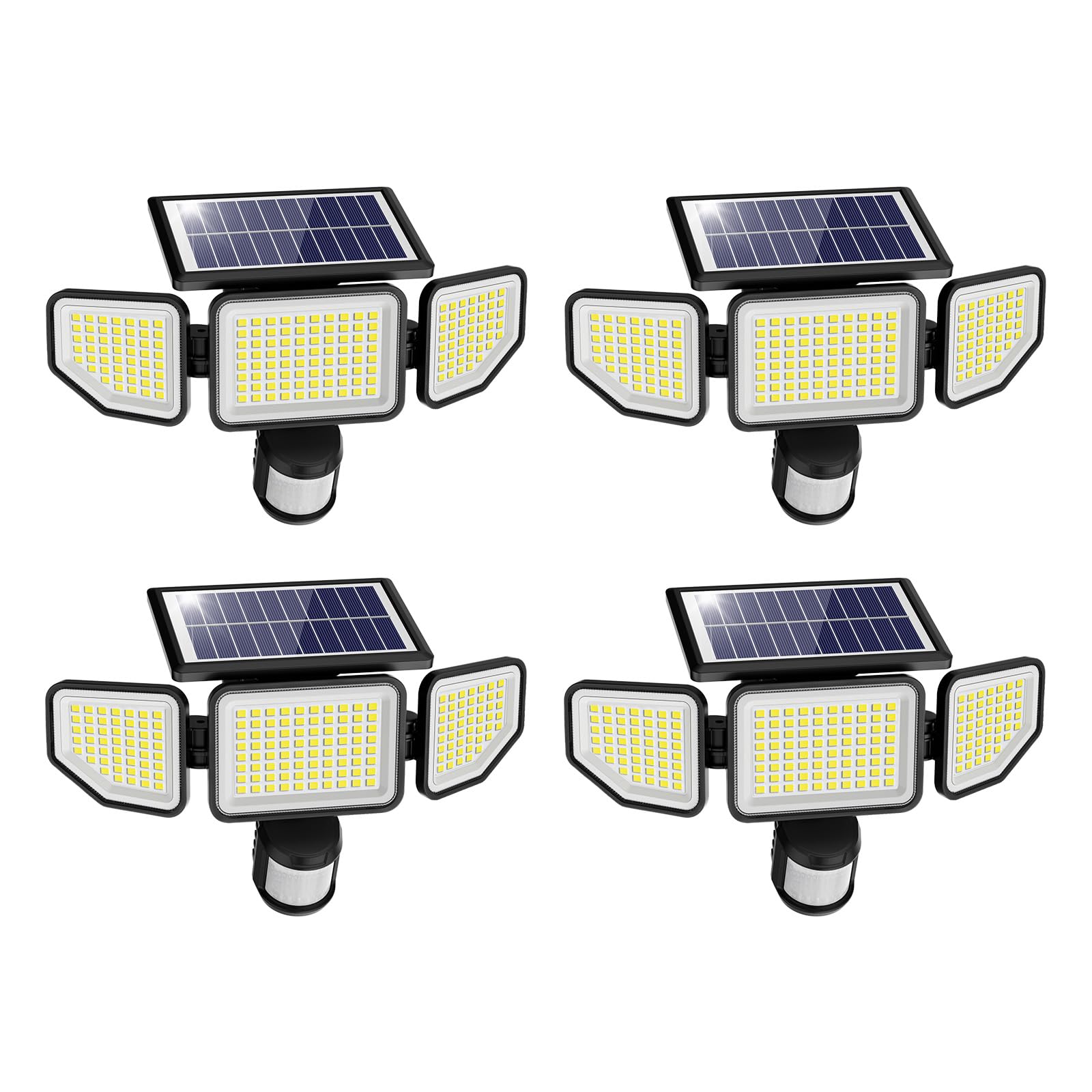 Onforu Solar Lights Outdoor, 3 Heads Motion Sensor Flood Lights, IP65 Waterproof, Remote Control, Black, Model BDTYD05, 4 Pack