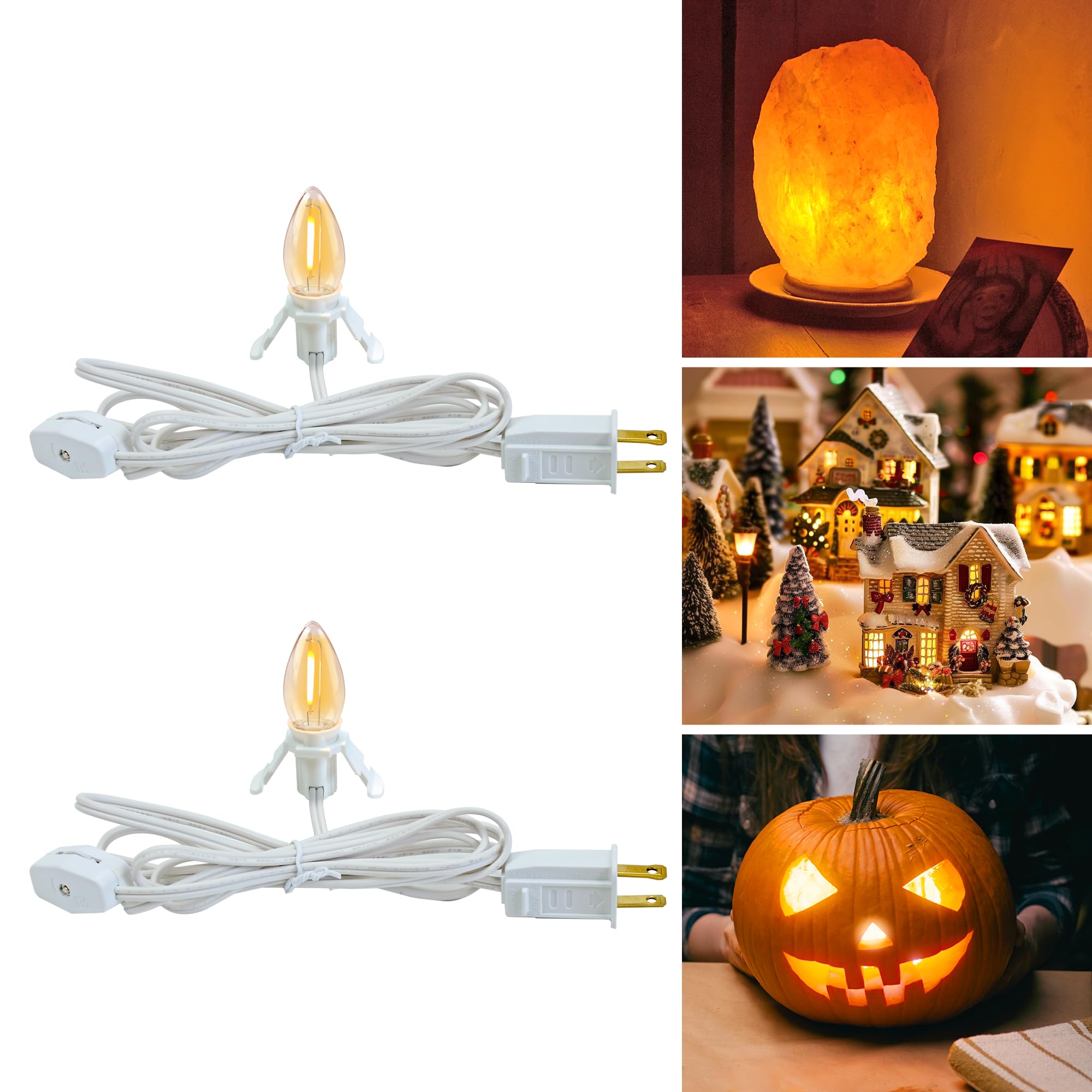 FUTIME Set of 2 Accessory Cord with One Led Light Bulb 6Ft Blow Mold Light IndoorString Lights, C7 Lamp with Spare Fuse forHallo