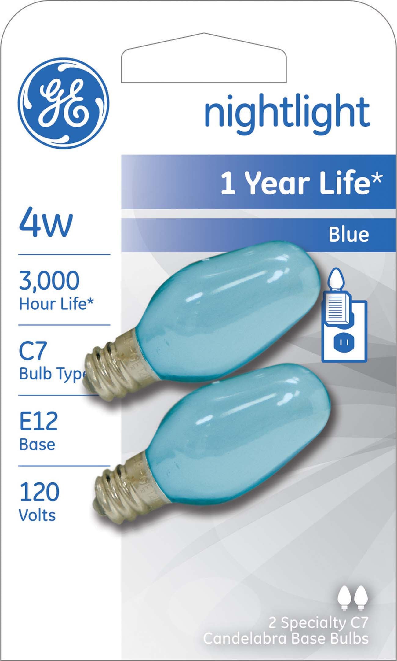 GE 4-Watt C7 Incandescent Light Bulb, Blue, Soft Glass, 2-Pack, Model 26223