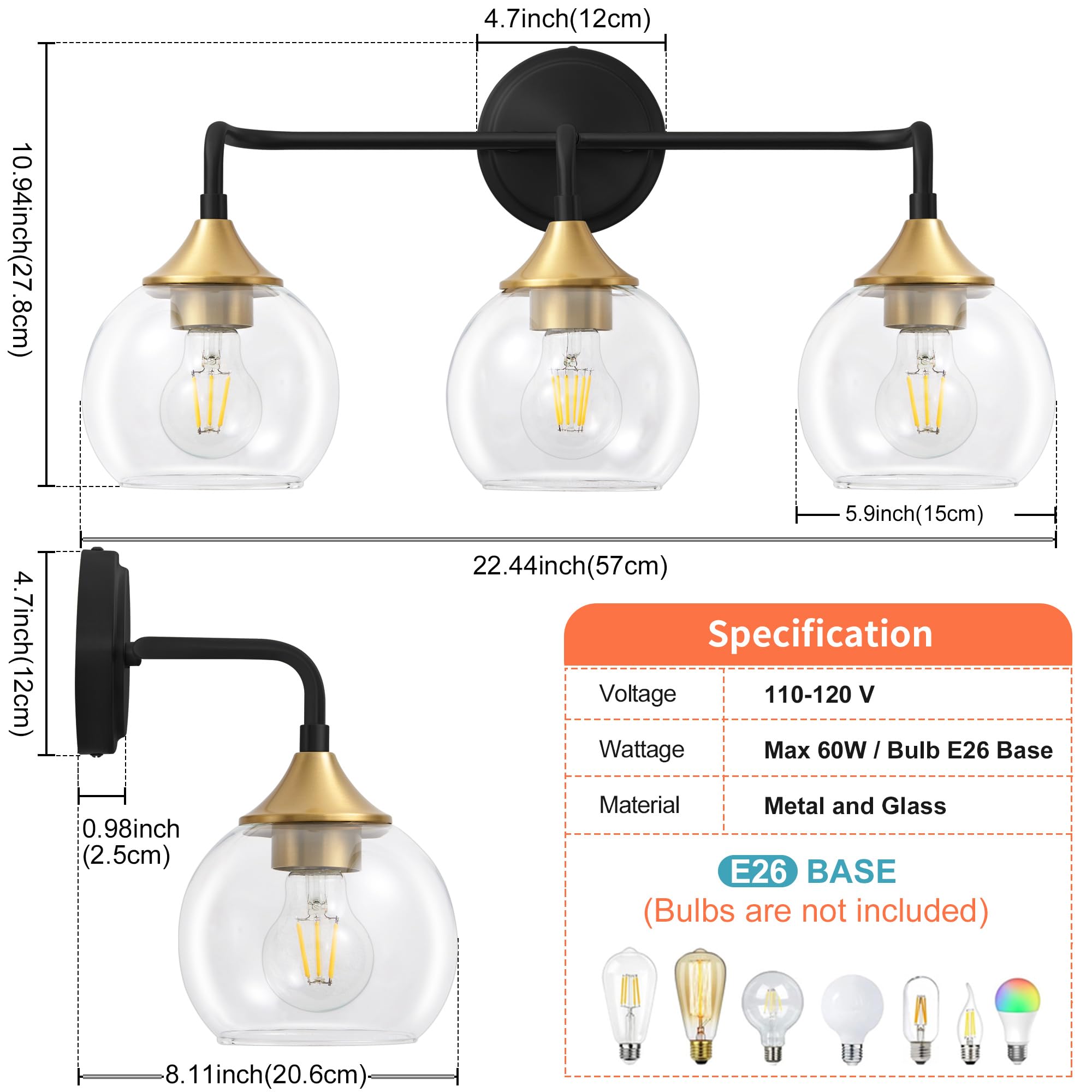 Gednbo 3-Light Bathroom Vanity Light Fixture, Black and Gold, Clear Glass Shade, 22 inch, Model G1796