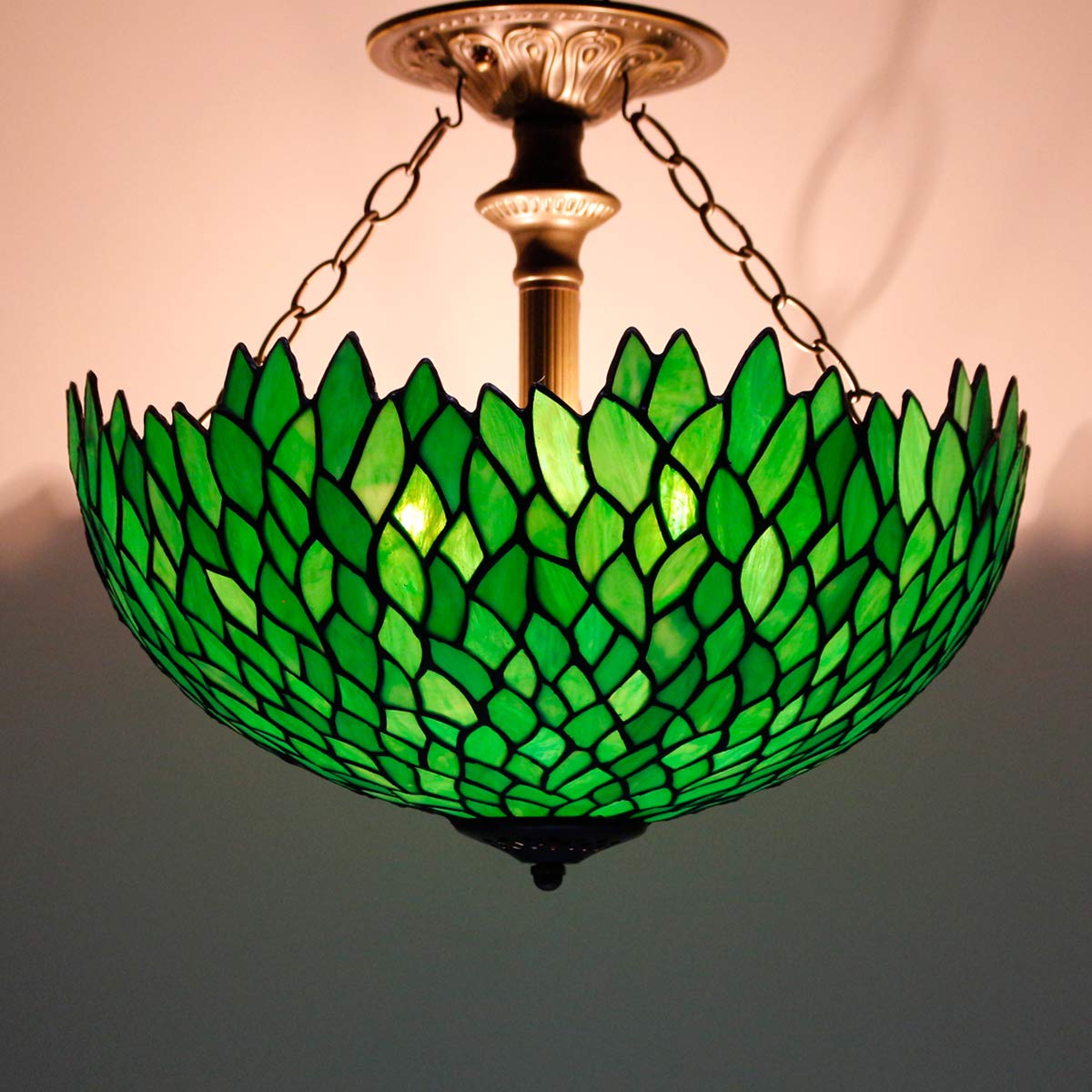 WERFACTORY Tiffany Ceiling Light Fixture, Green Wisteria Stained Glass, Semi Flush Mount, 16 Wide x 15 High, S523 Series, Large