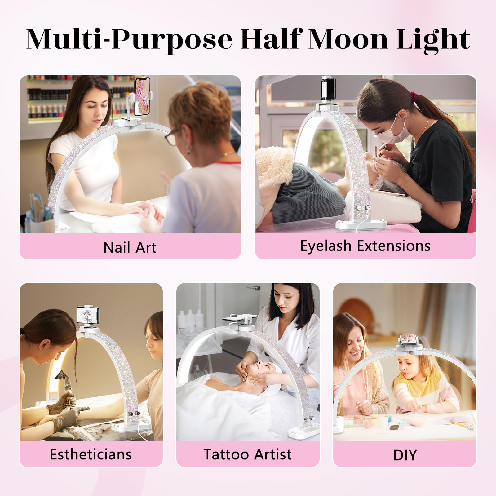 LIONVISON Half Moon Light for Nail Desk - 31-inch, 48W, Aluminum, White, Model 0002, Includes Phone Holder for Nail Tech, Makeup, Tattoo