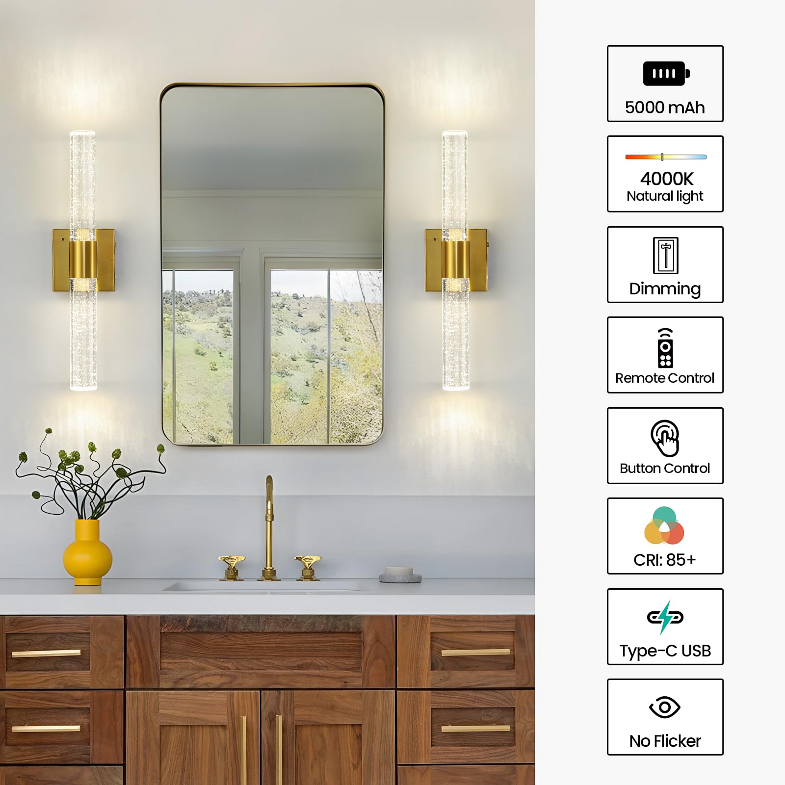 Ccycol Battery Operated Wall Sconce Set Of 2, Gold Rechargeable Wireless Wall Sconces Set Of Two With Remote Control, Modern Led