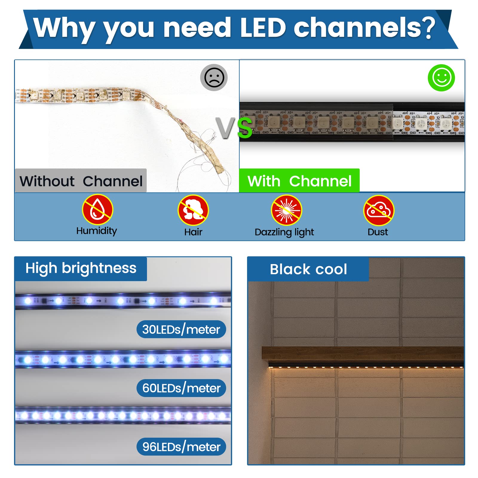 Muzata LED Strip Channel, Black Aluminum, 20Pack, U Shape, 3.3FT/1M, Transparent Smoky Black Cover