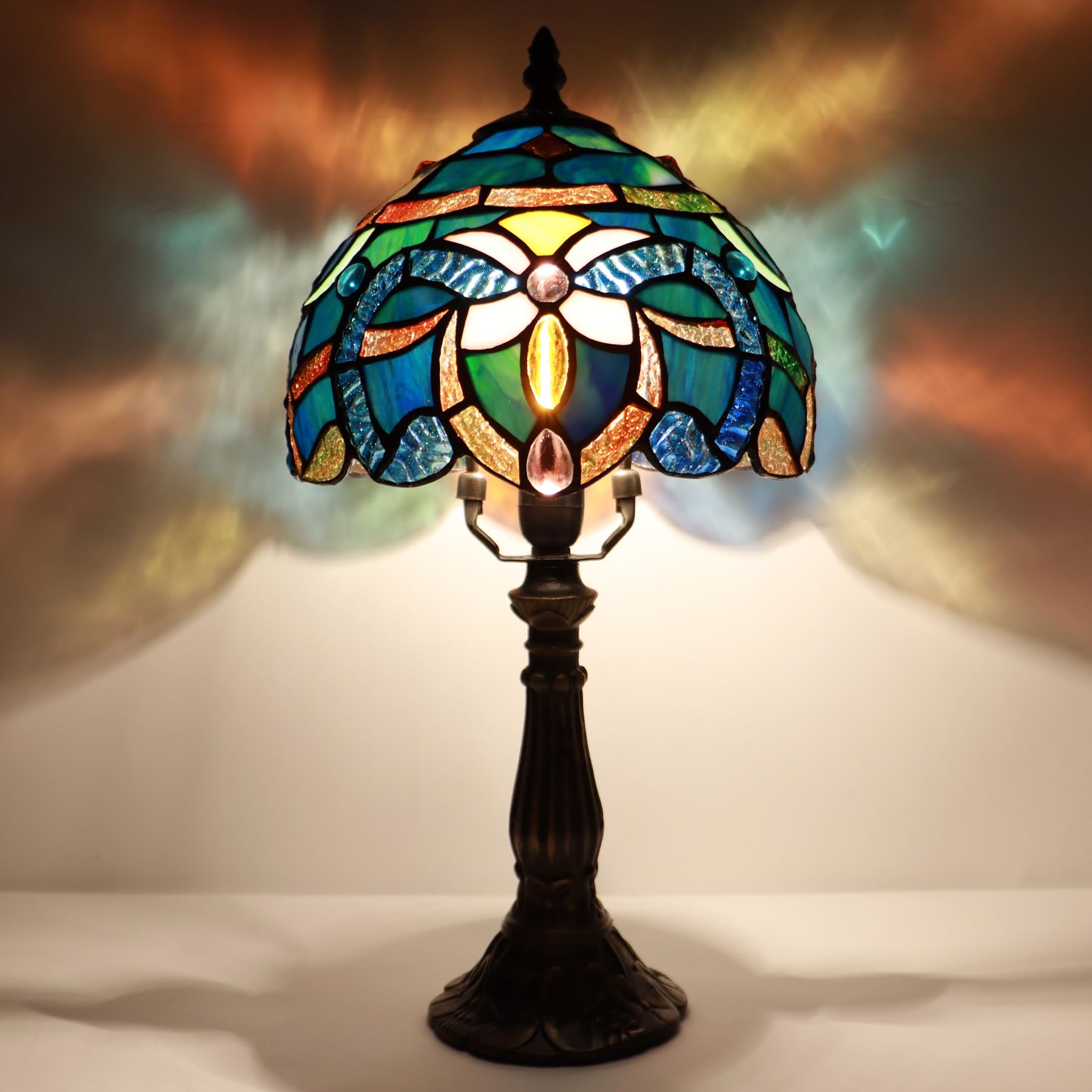 Lxhcyou Small Tiffany Lamp Mini Accent Table Lamp Stained Glass Desk Memory Lamp Sympathy 8X14.5 Inch (Blue Baroque Style)