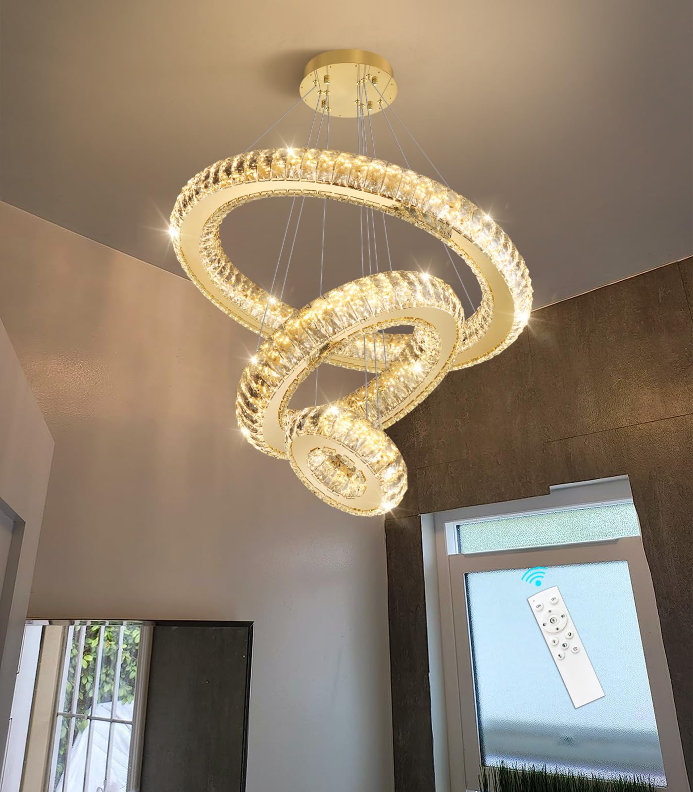 HAIXIANG 3 Rings LED Chandelier Modern Dimmable Dining Room Chanderliers Entryway Crystal Pendant Lights for Kitchen Bedroom Living Room Gold Light
