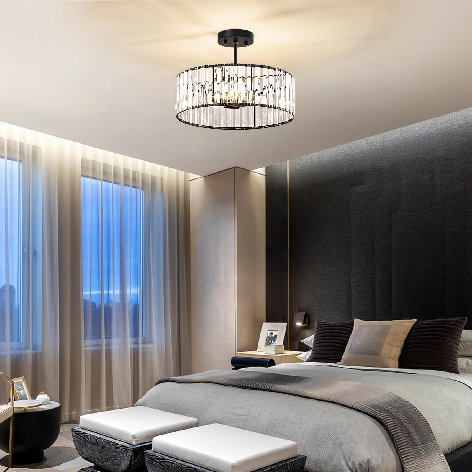 Pevfah Crystal Black Ceiling Light, Modern Semi Flush Mount Ceiling Lighting Fixture, Round Hallway Lighting Fixtures Chandelier