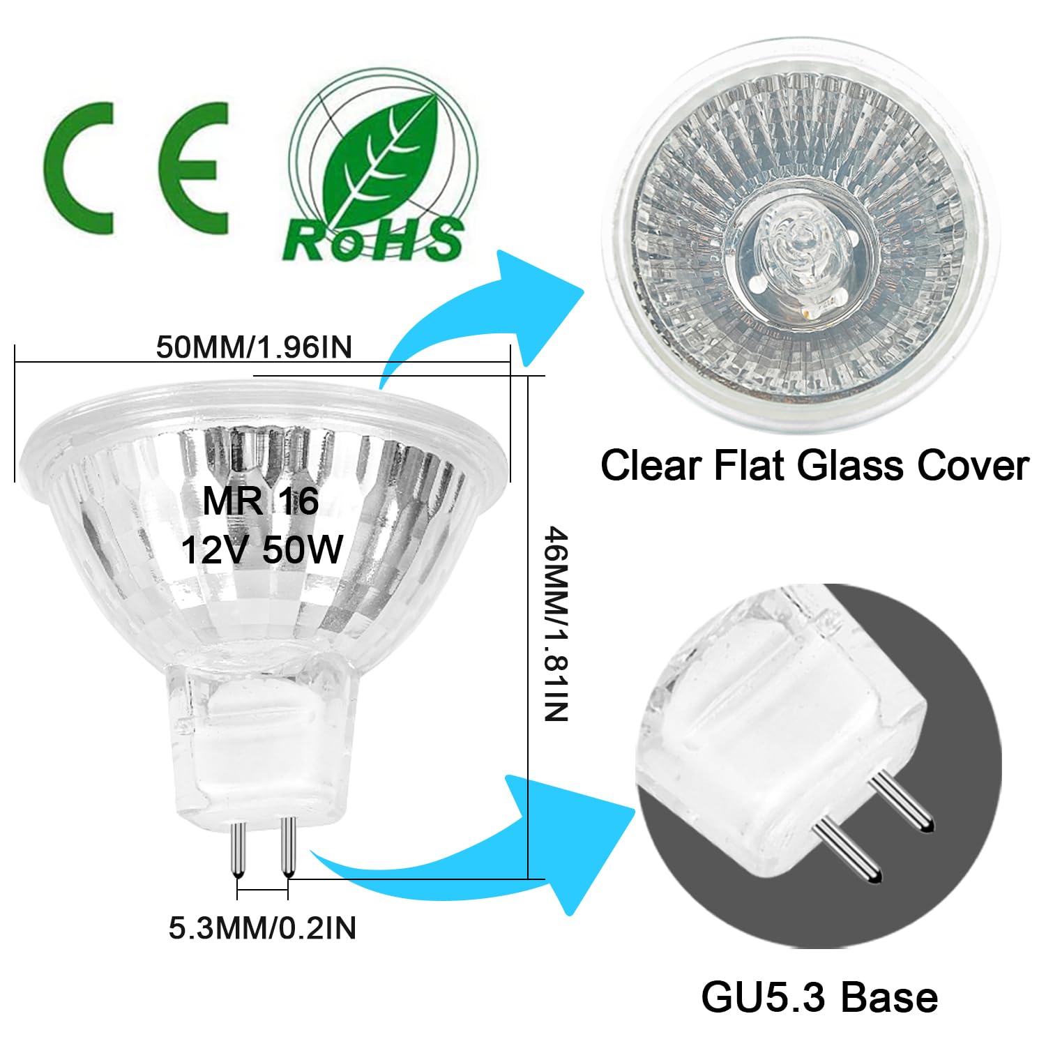 Mr16 Halogen Bulb 50W Dimmable 12V Gu5.3 Bi Pin Base Spotlight With Long Lifespan, 2700K Warm White Mr16 Bulbs With Clear Glass