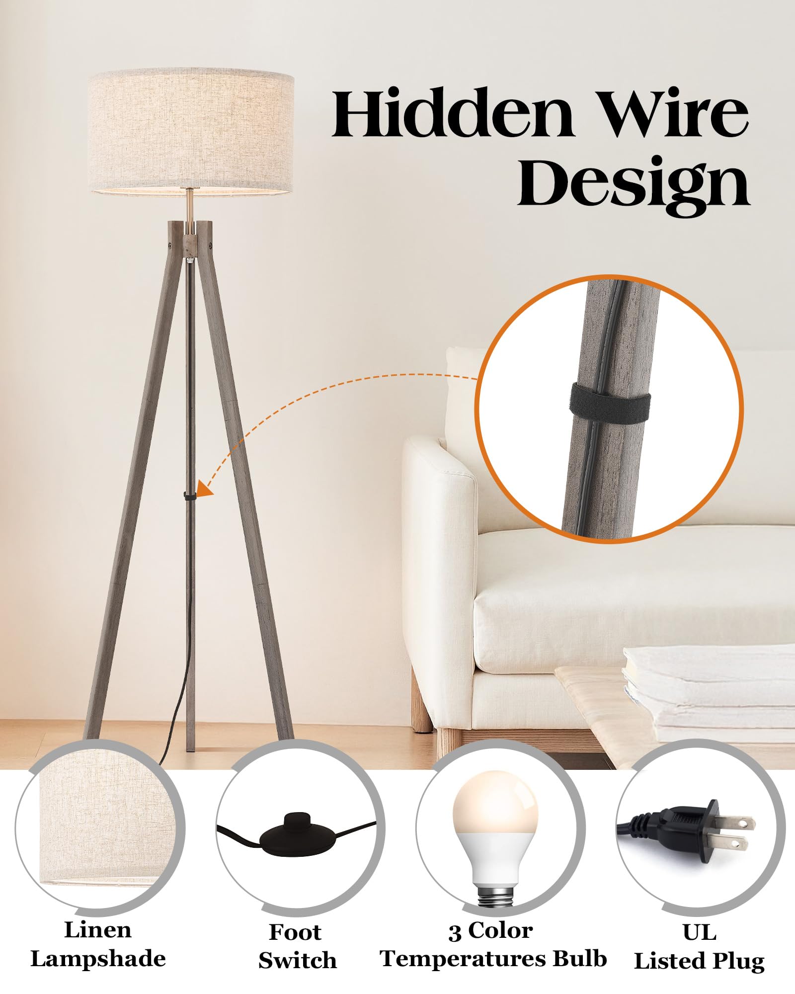 ELYONA Tripod Floor Lamp - Modern Reading Light with 3 Color Temperatures, Grey Linen Shade, Model UF1103-GRY for Living Room, Bedroom, Office