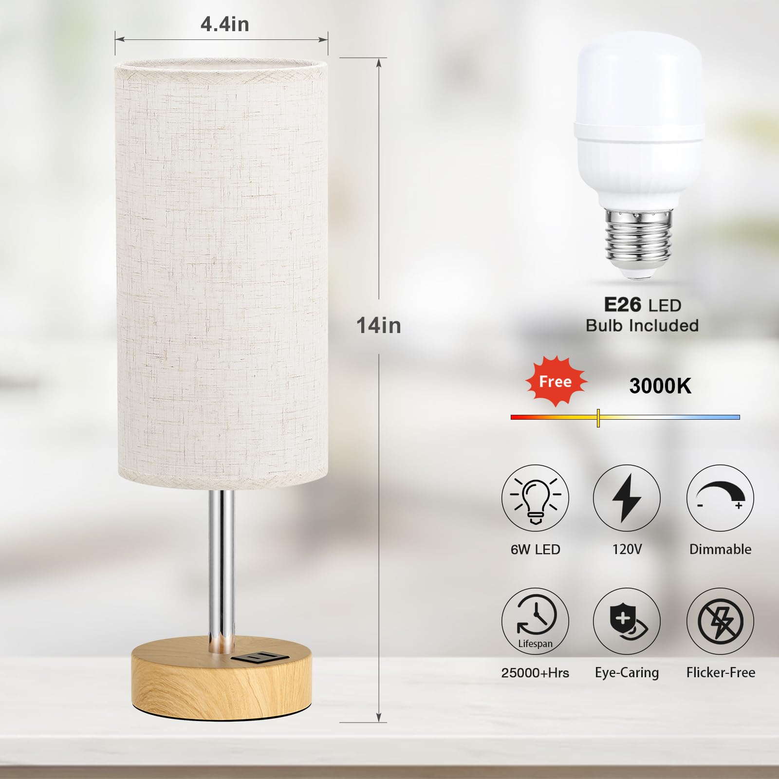 Touch Bedside Table Lamp With Usb - 3 Way Dimmable Wood Lamp For Bedroom Nightstand, Desk Lamp With Charging Station For Dorm, Living Room, Office, Kids Room, Nursery, Small