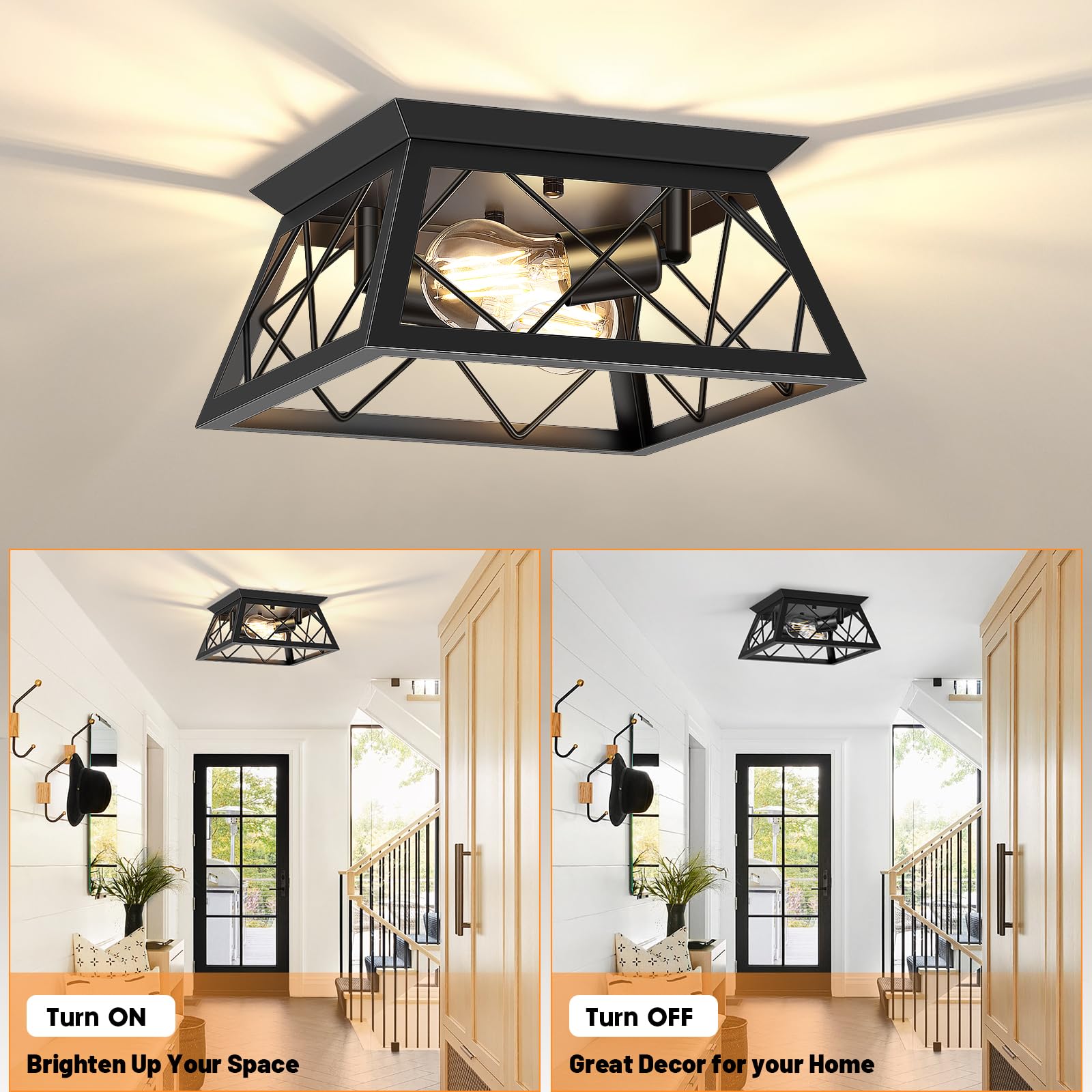 Fadimikoo 2-Light Black Flush Mount Ceiling Light Fixture, Industrial Hallway Light Fixtures Ceiling Mount For Farmhouse Kitchen