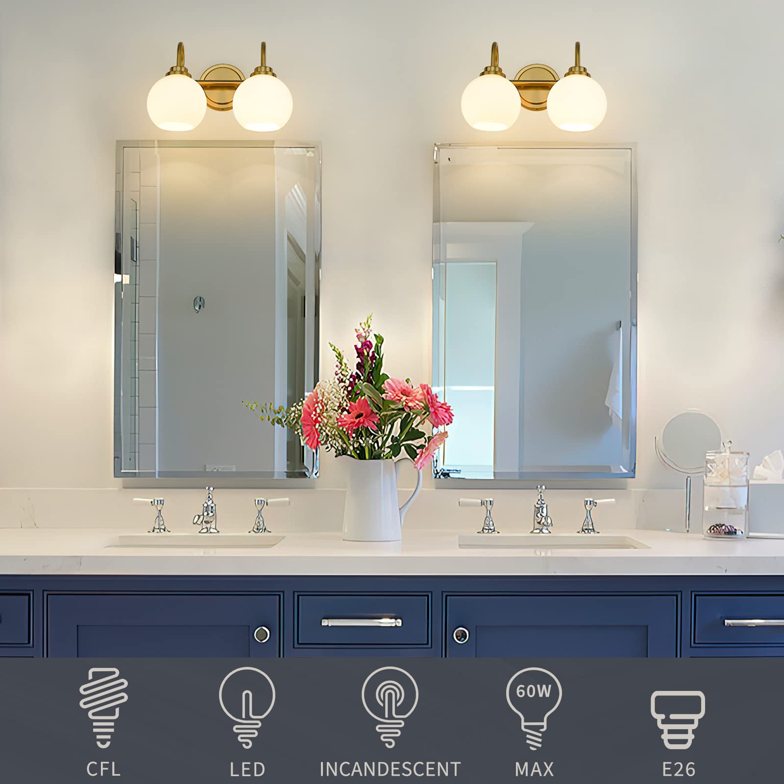 Akezon Gold Bathroom Vanity Light Fixtures, 2 Light Modern Over Mirror With White Milk White Globe Glass Shade