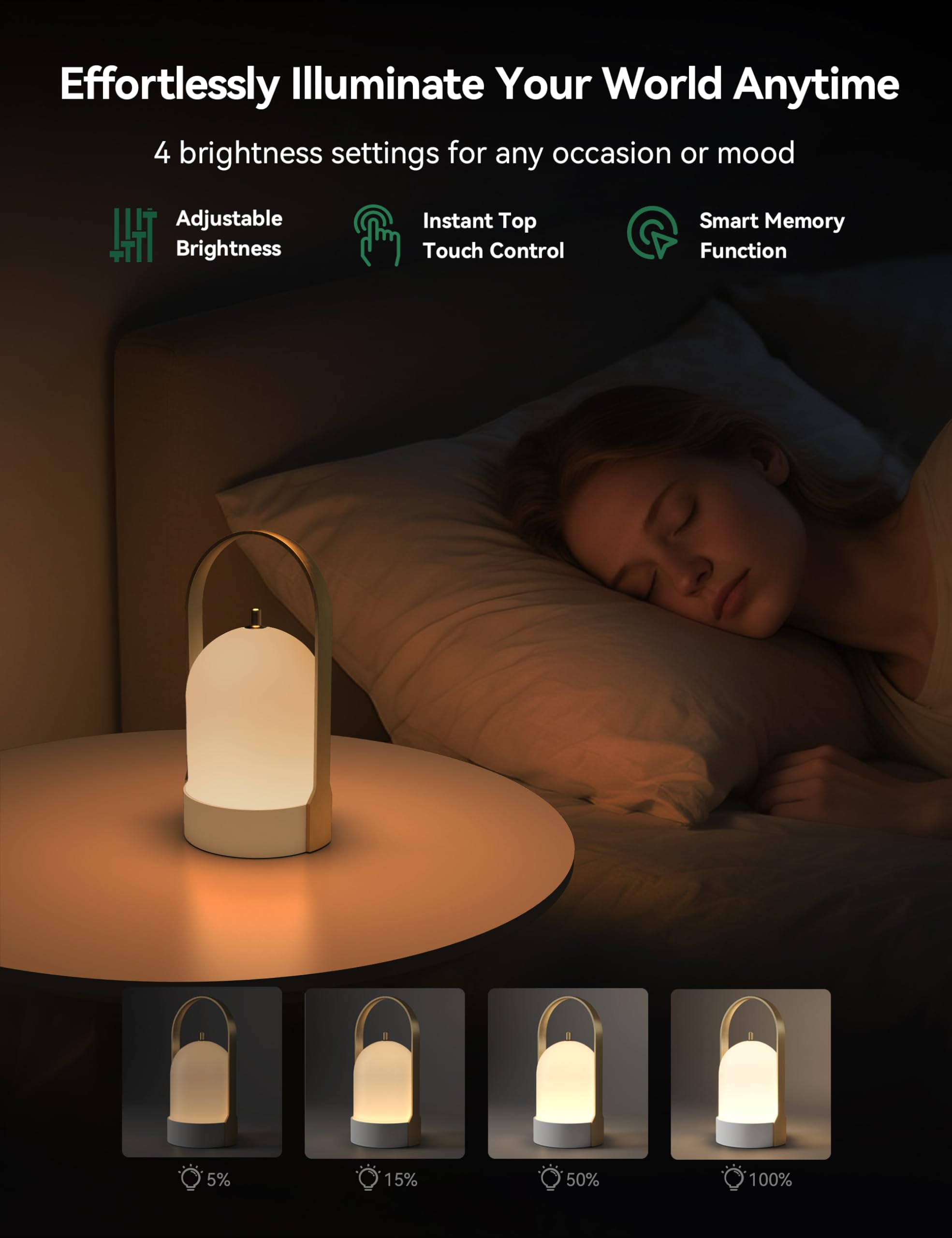 Tubicen Portable Lamp, Rechargeable 4-Level Touch Dimmable, 8.1 Inch Waterproof, Brass White, Model T141075-White