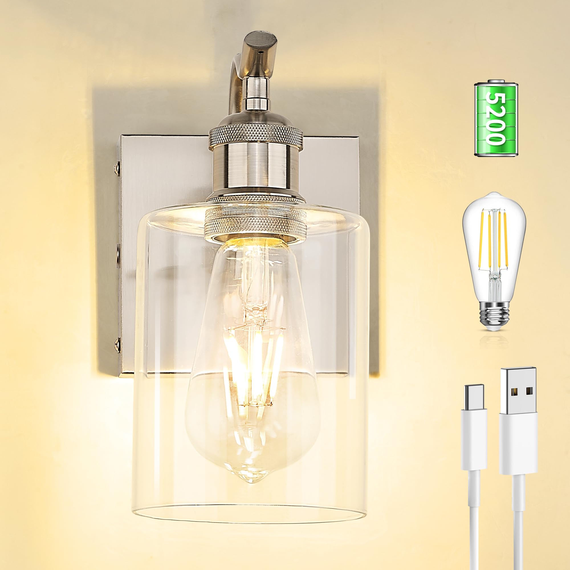 Jazava Brushed Nickel Battery Cordless Wall Sconces  Rechargeable Sconces Wall Lighting Fixture With Clear Glass Shade For Bathroom Industrial Metal Wall Mount Lamp For Bedroom Living Room Zcvl01Bn-1A