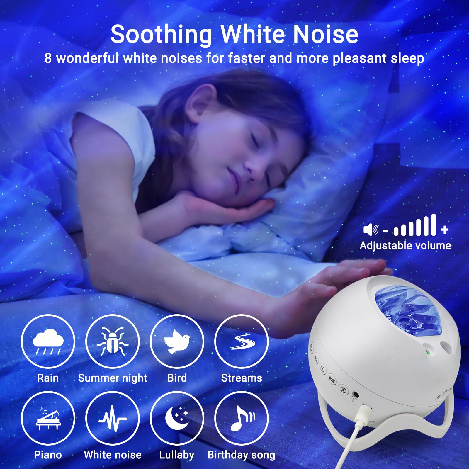 HERHOTER Star Projector with Bluetooth Speaker, Remote Control, White Noise, 5.3in, White, Model BL-XK09-05, for Game Room & Bedroom