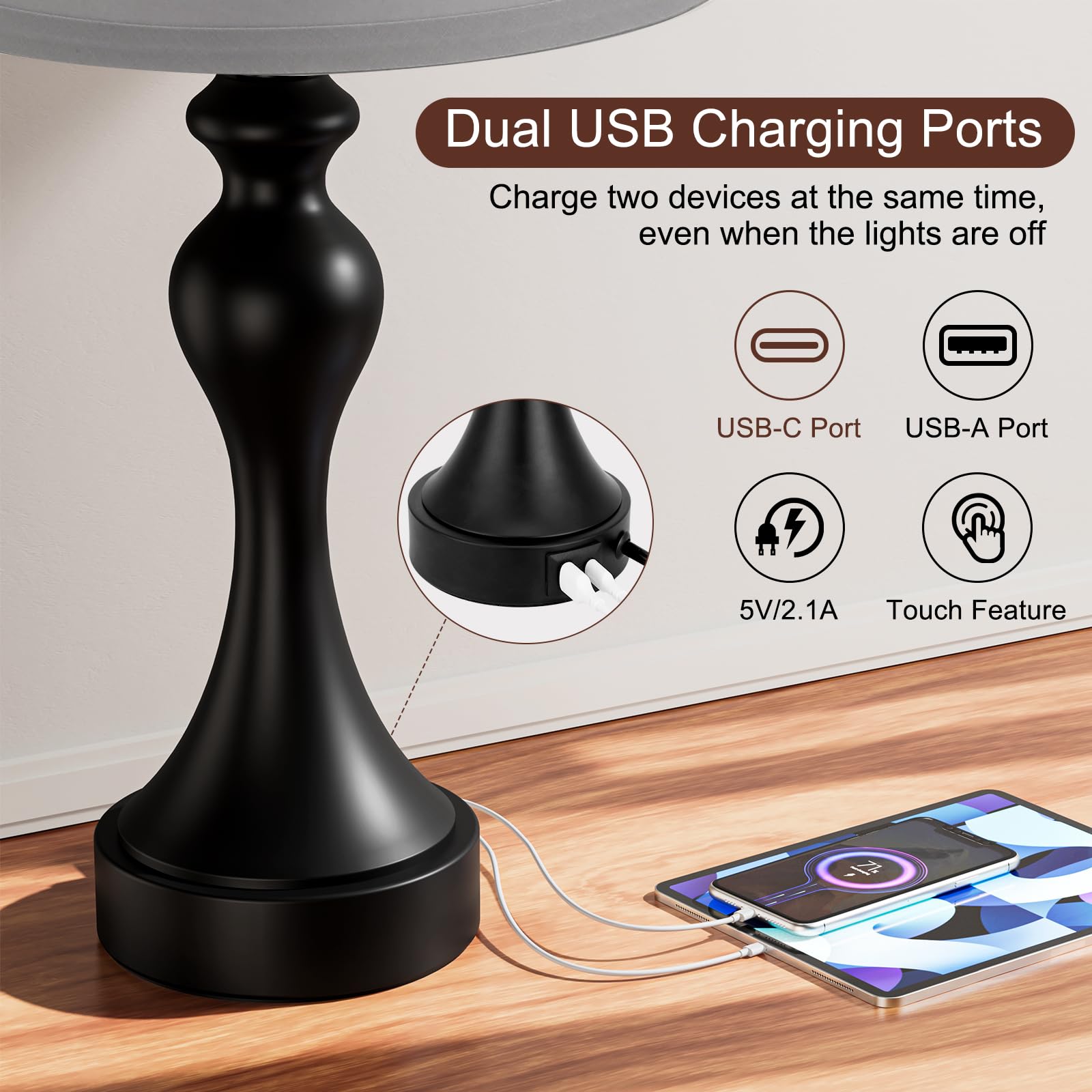 Seealle Touch Lamps For Nightstand - Bedside Lamps Set Of 2, 3 Way Dimmable, Usb C+A For Bedroom & End Tables (Black&Grey)