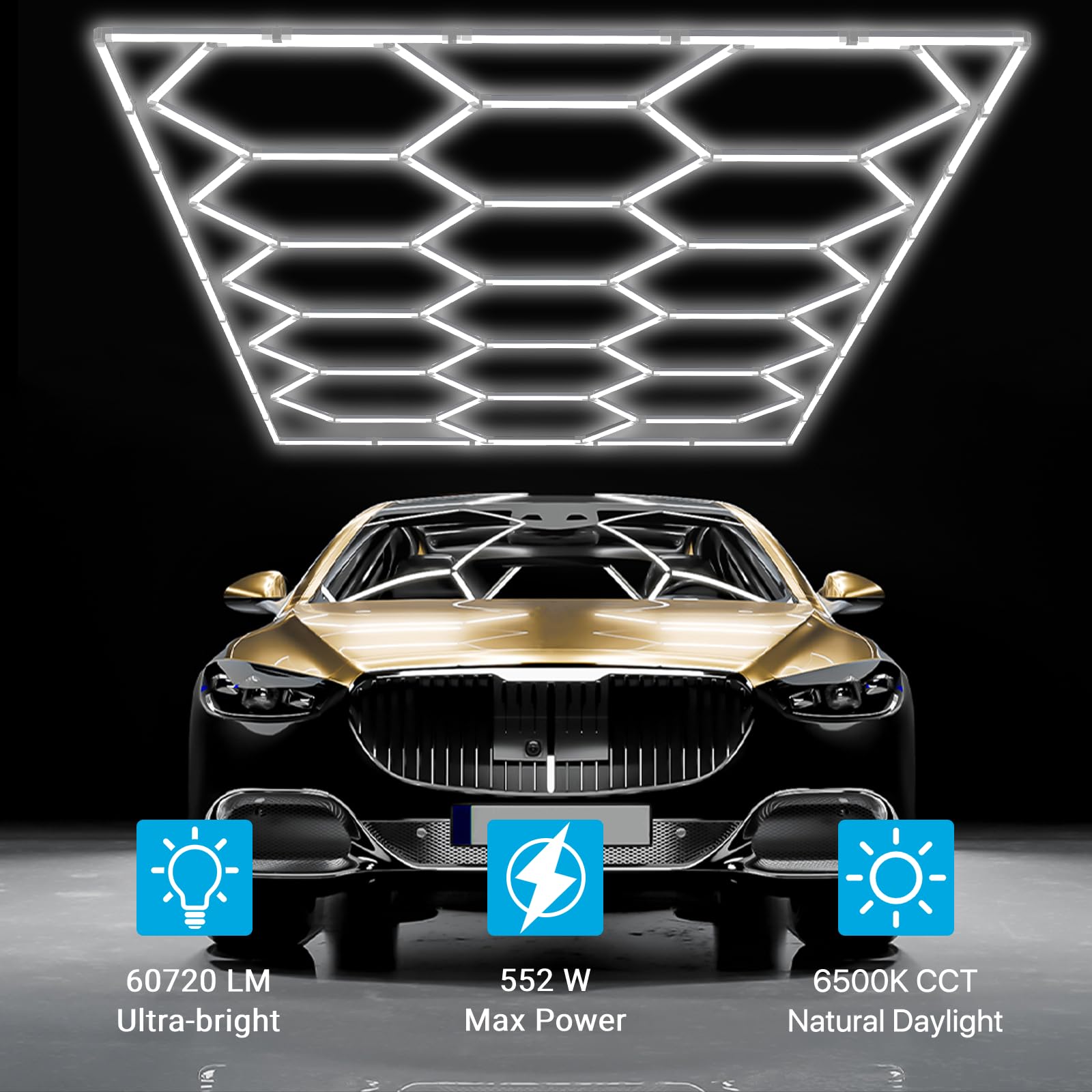 HYPERLITE Gen 2 Hexagon Garage Light - 624W 62400LM, Dimmable, 15 Grids, Polycarbonate, White, Model AC15HEX-DMB