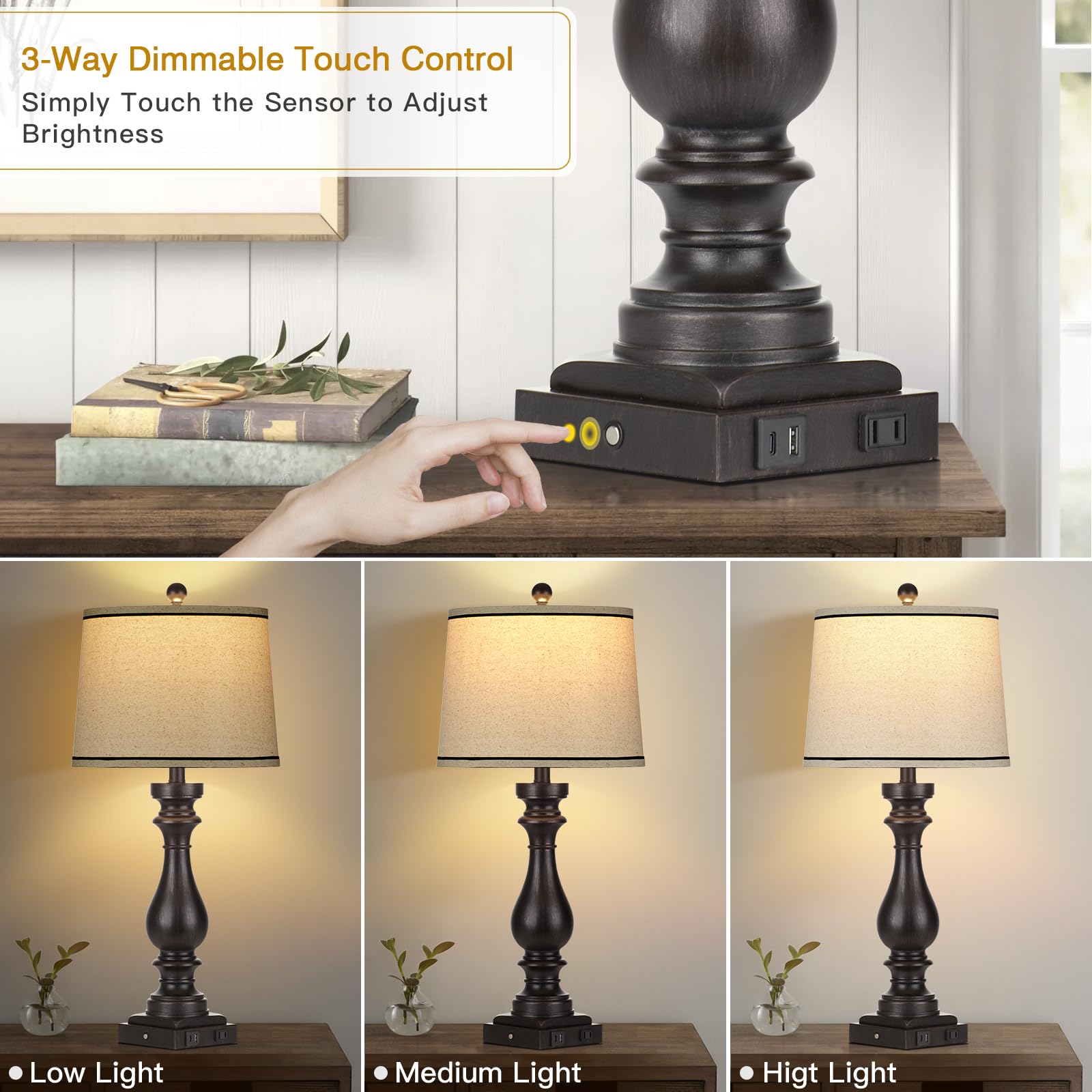 Rinweey Vintage Farmhouse Table Lamp Set of 2, 27.5" Black Resin, 3-Way Dimmable Touch Control, USB Ports, AC Outlet