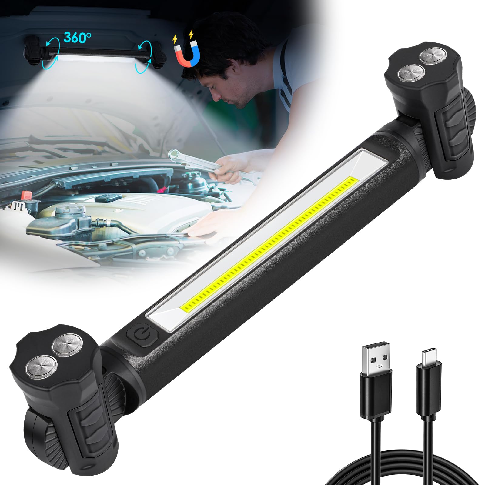 Work Light, 2500LM Ultra Bright, 5200mAh Rechargeable LED Work Lights, Magnetic Underhood Work Light Bar with Hooks, Portable Me