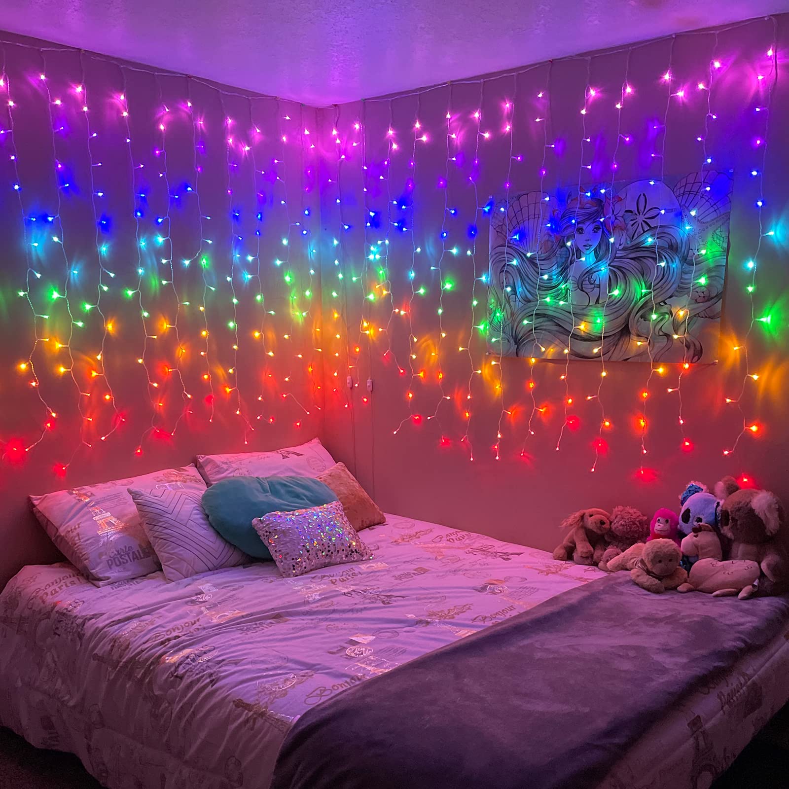 Honche 300 LED Cuttable Curtain String Lights 10x10ft with Remote - Rainbow 7 Colors, Ideal for Bedroom, Wedding, Party, Festive Season