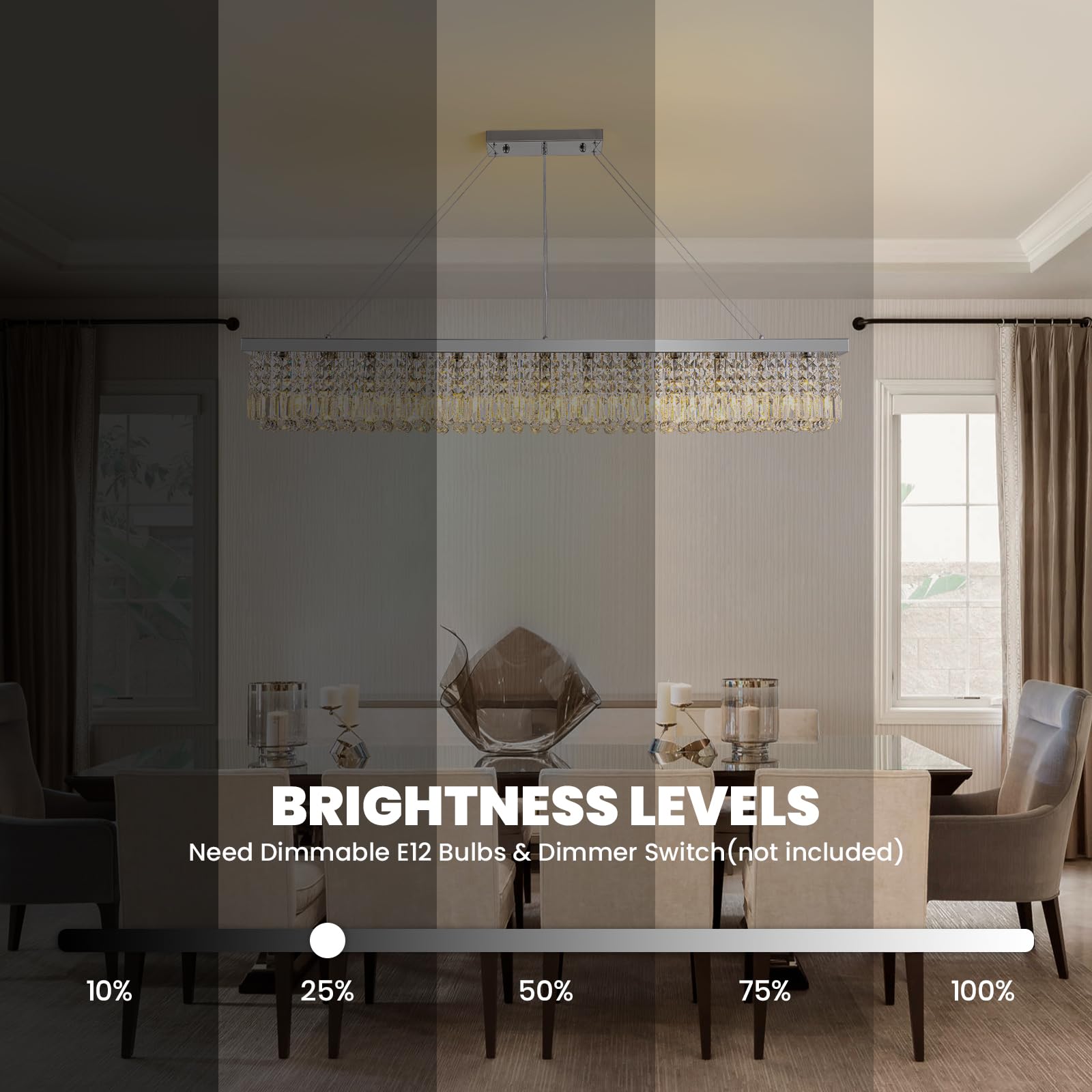 7Pm Rectangle K9 Crystal Chandelier Modern Rectangular Pendant Light Fixture For Dining Room Kitchen Island Chrome L59'' X W10''