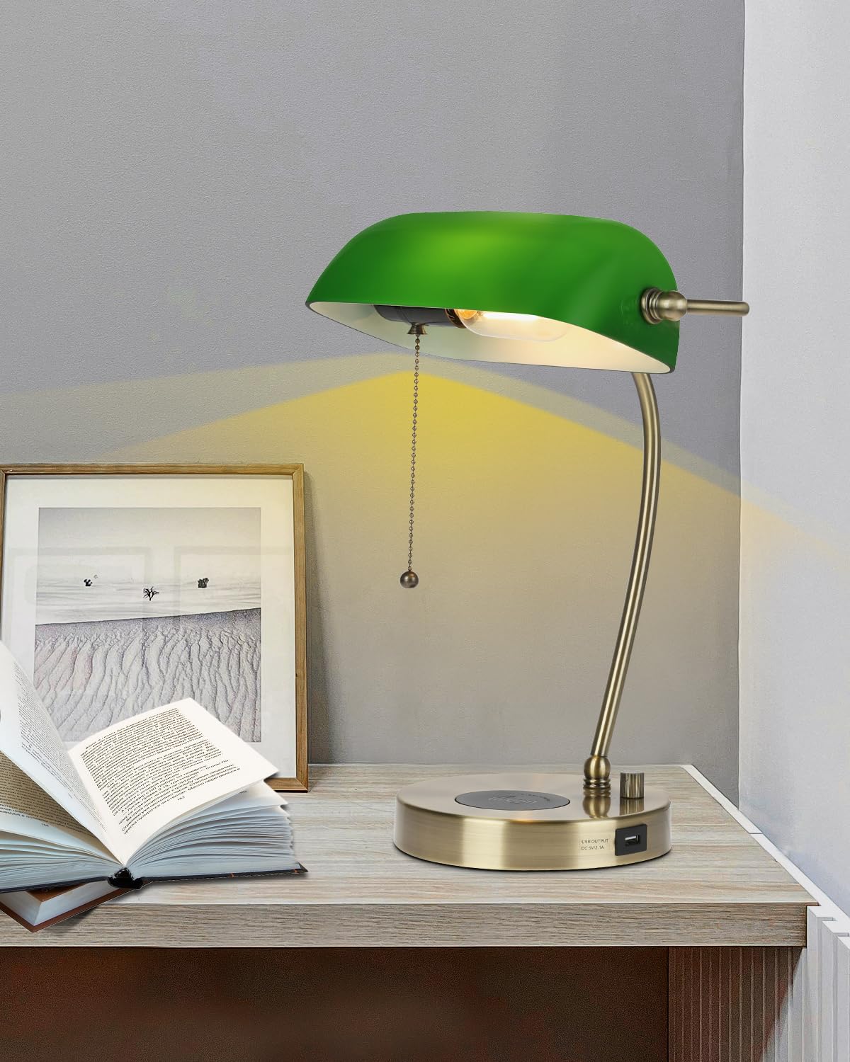 Newrays Green Glass Bankers Desk Lamp With Wireless Charger, Usb Charging Port For Home Office,Stepless Dimmable Table Lamp Plug