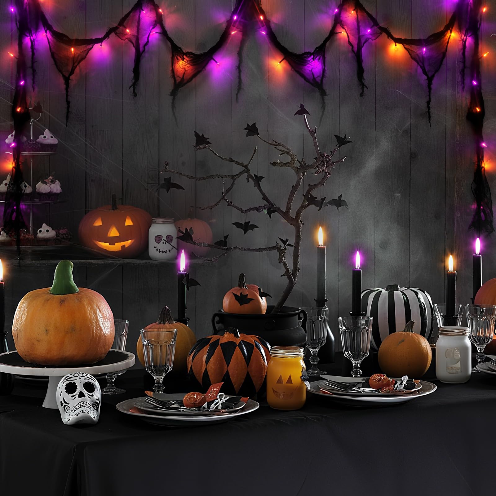 Halloween Horror Atmosphere Lights  Orange&Purple Led String Lights With 9.9Ft Creepy Black Gauze  Battery Powered With Timer & 8 Flashing Modes (Orange & Purple)