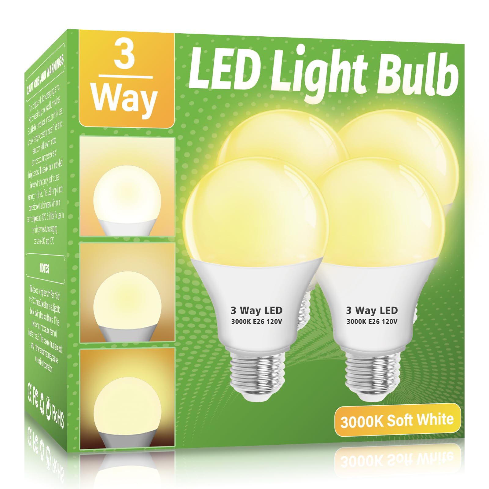 Wiyifada 3 Way Led Light Bulbs 4 Pack, 30 70 100 Watt Equivalent, Soft White 3000K A19 E26 Base, Indoor 3-Way For Reading, 3Wl