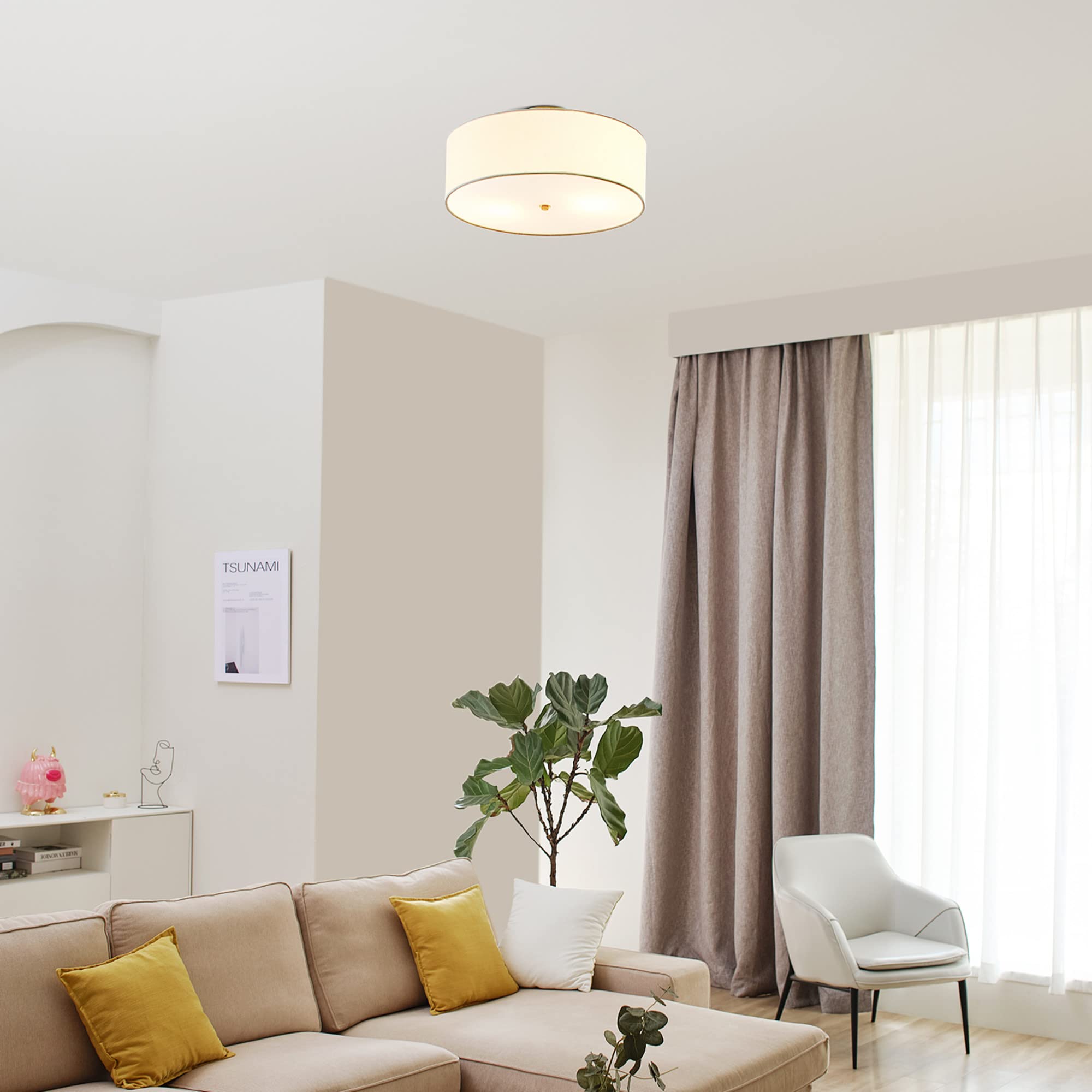 Globe Electric 60998 2-Light Flush Mount Ceiling Light, Matte Brass, White Linen Shade, Kitchen, Lights, Bathroom, Home Essentia