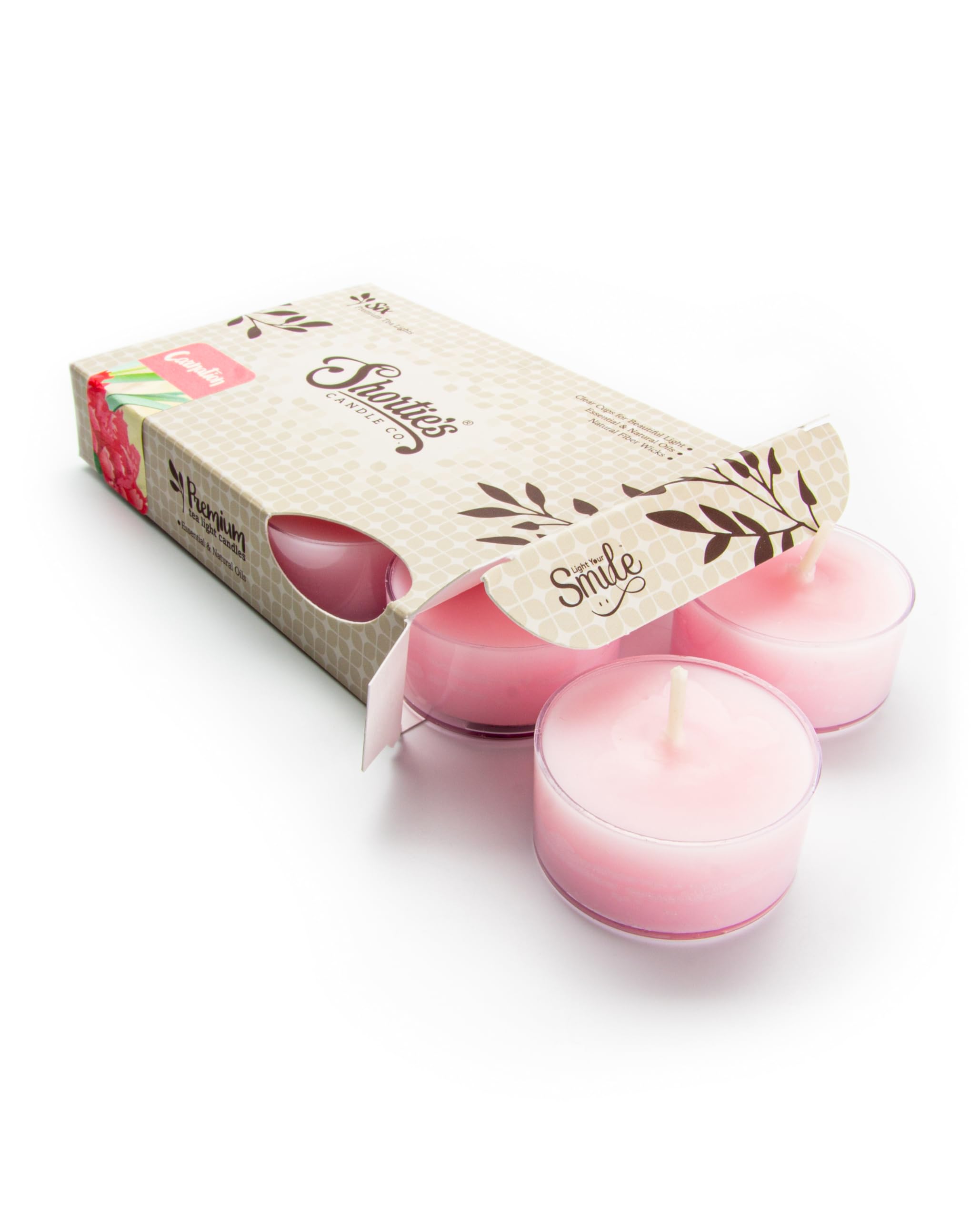 ShortieS Candle Company Pure Carnation Tealight Candles - 6 Pink, Highly Scented, Paraffin Wax, Flower Collection, Made In Usa