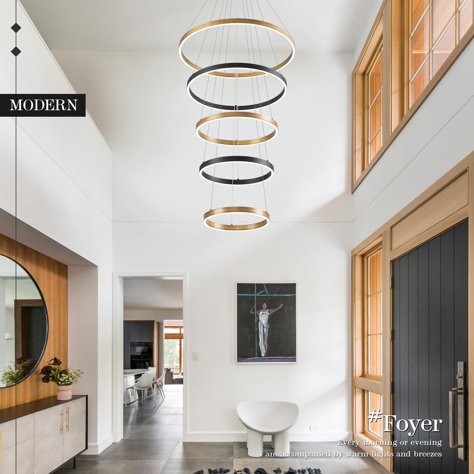 CaraLuxe LED 5-Ring Chandelier, Modern Vintage Gold, Remote Control, 24in Size, Metal, Black Gold, Model 21